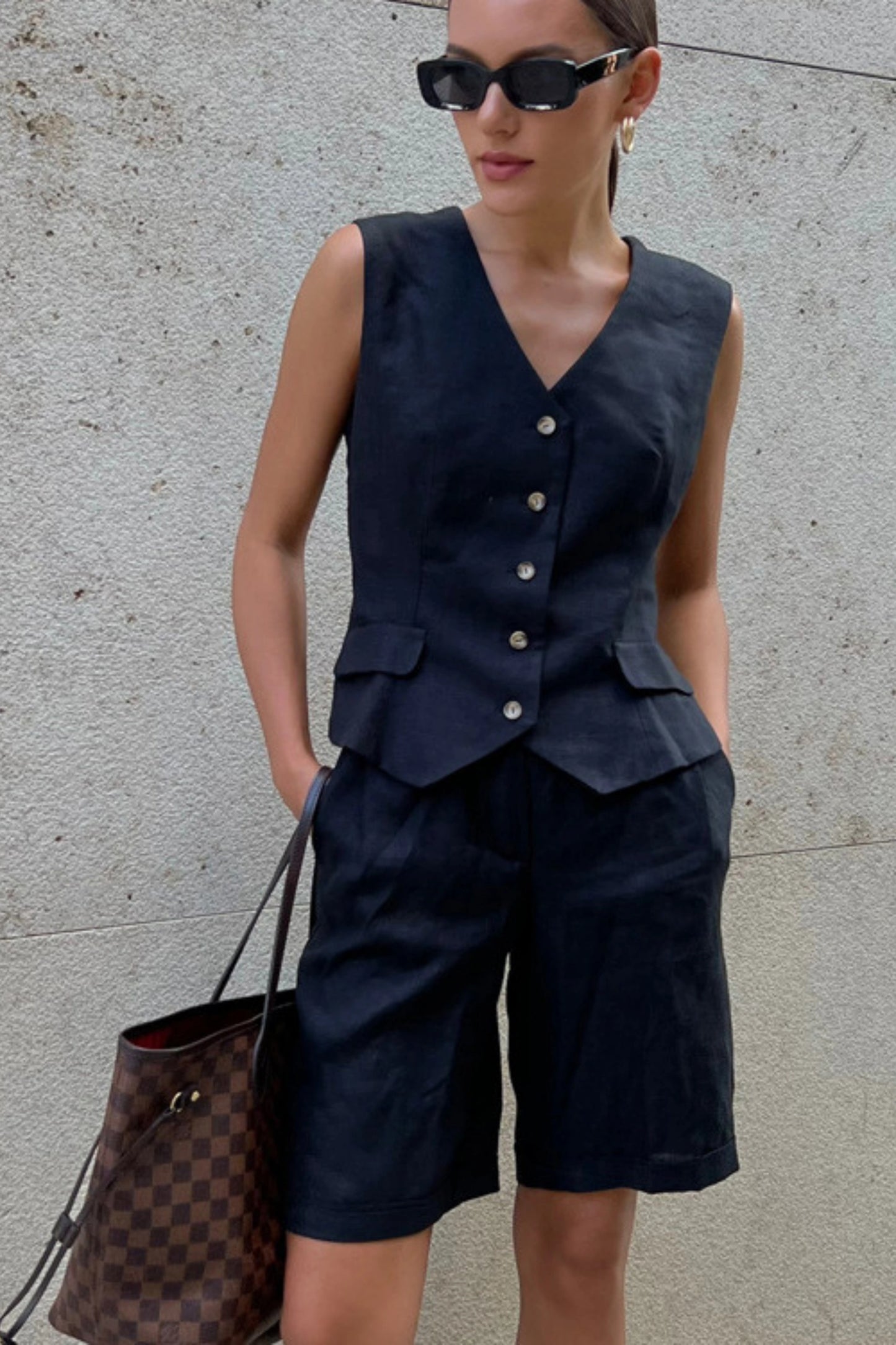 Cotton_Linen_Vest_And_Shorts_Set_black