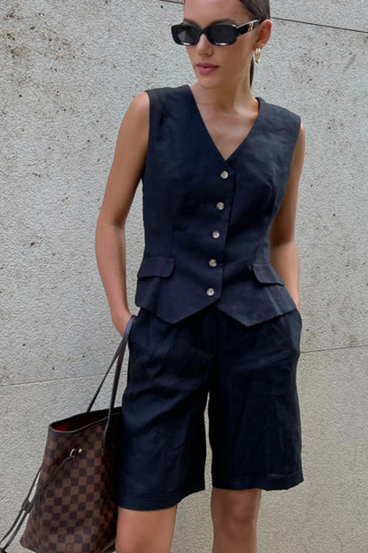 Cotton_Linen_Vest_And_Shorts_Set_black