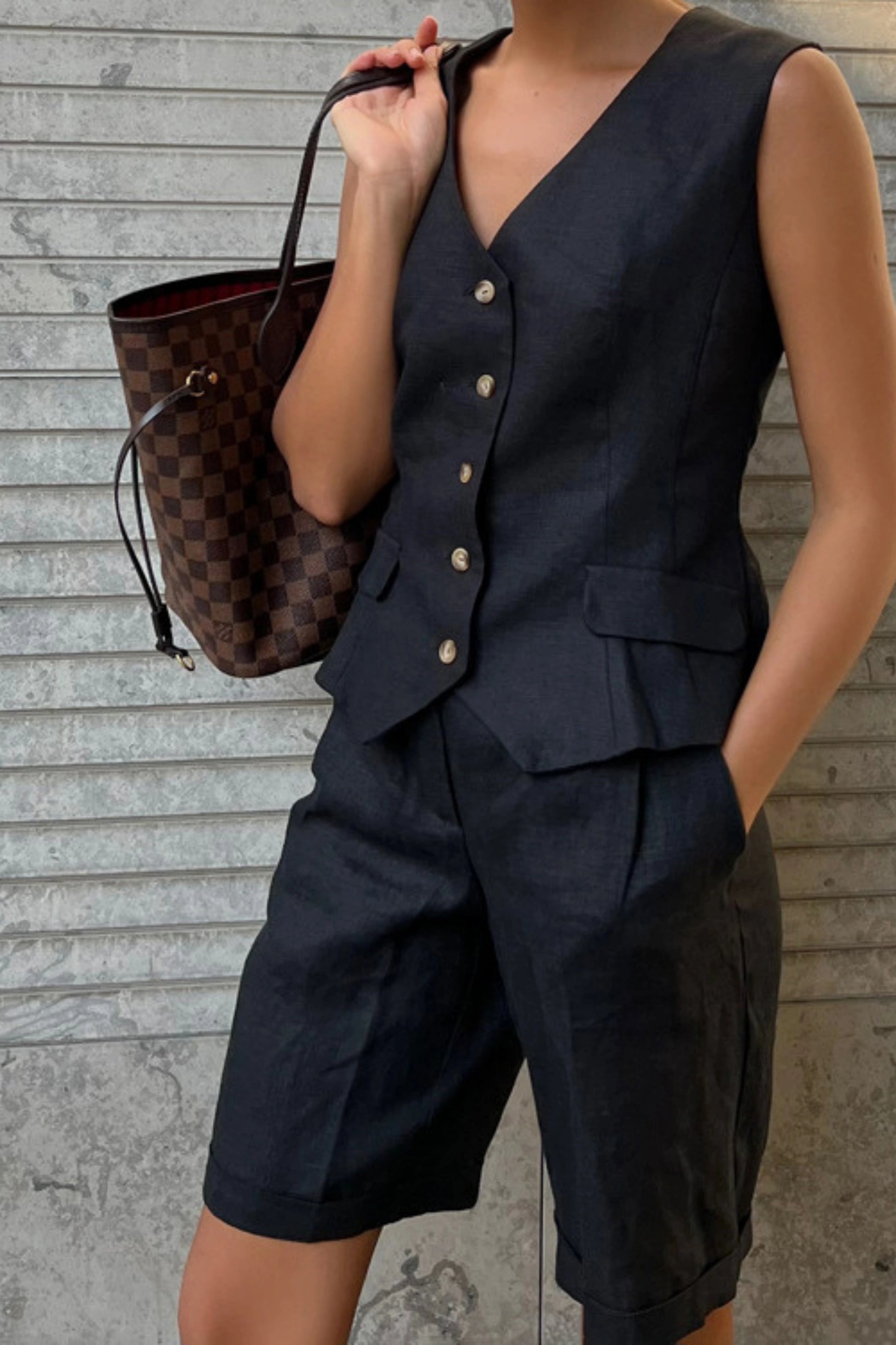 Cotton_Linen_Vest_And_Shorts_Set_black