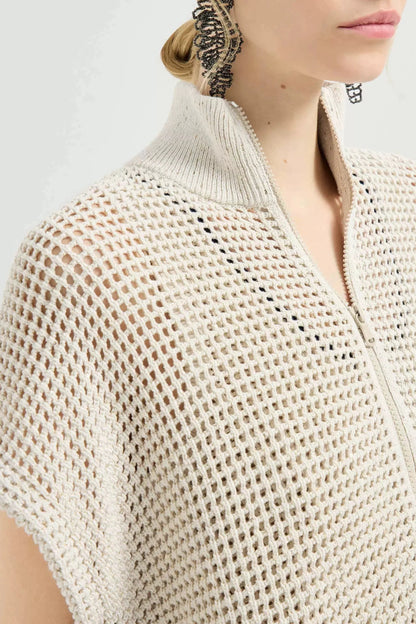 Cream Mesh Knit Open-Front Sleeveless Cardigan Hemp White