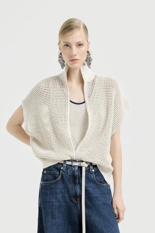 Cream Mesh Knit Open-Front Sleeveless Cardigan Hemp White