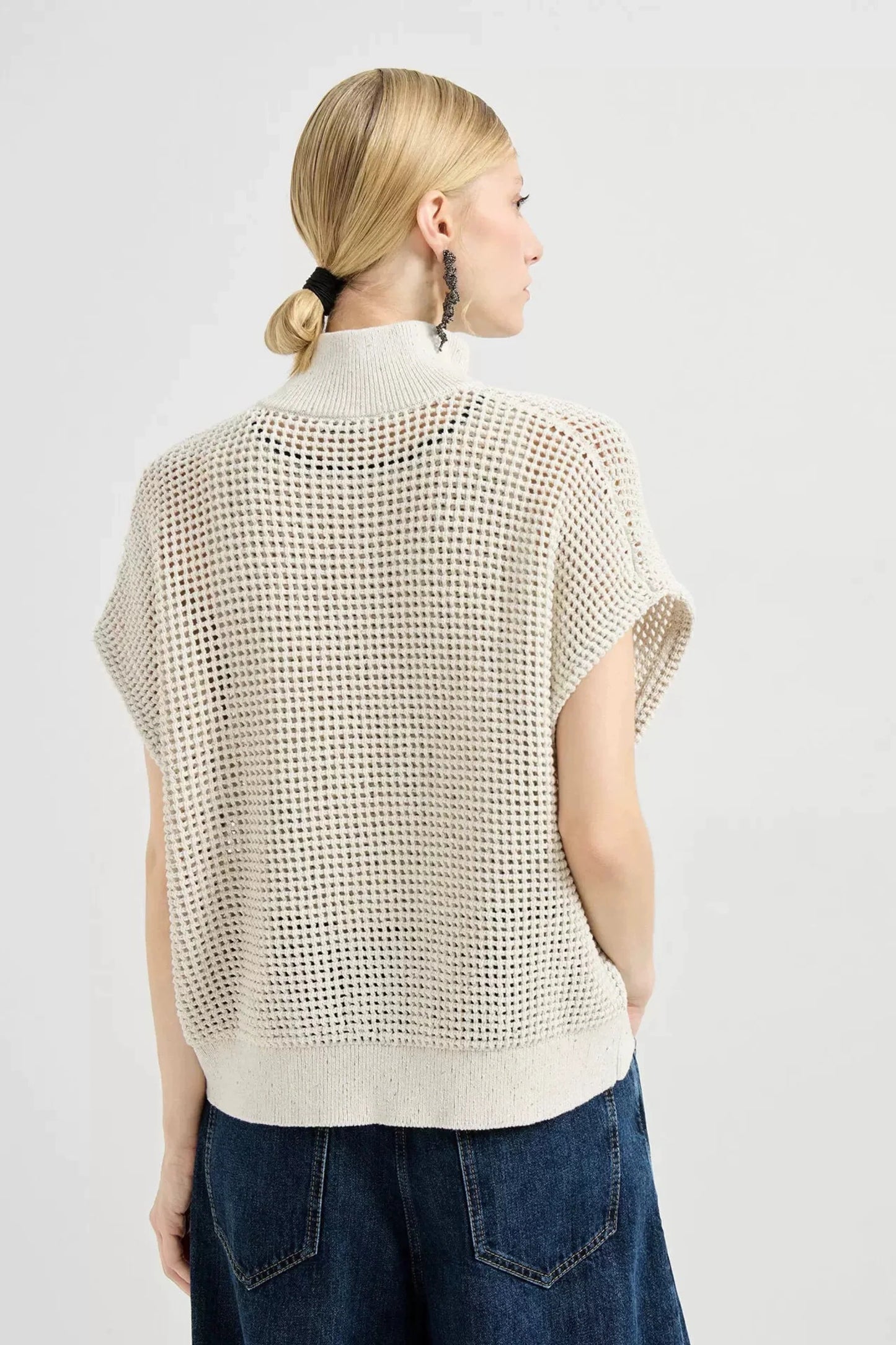 Cream Mesh Knit Open-Front Sleeveless Cardigan Hemp White