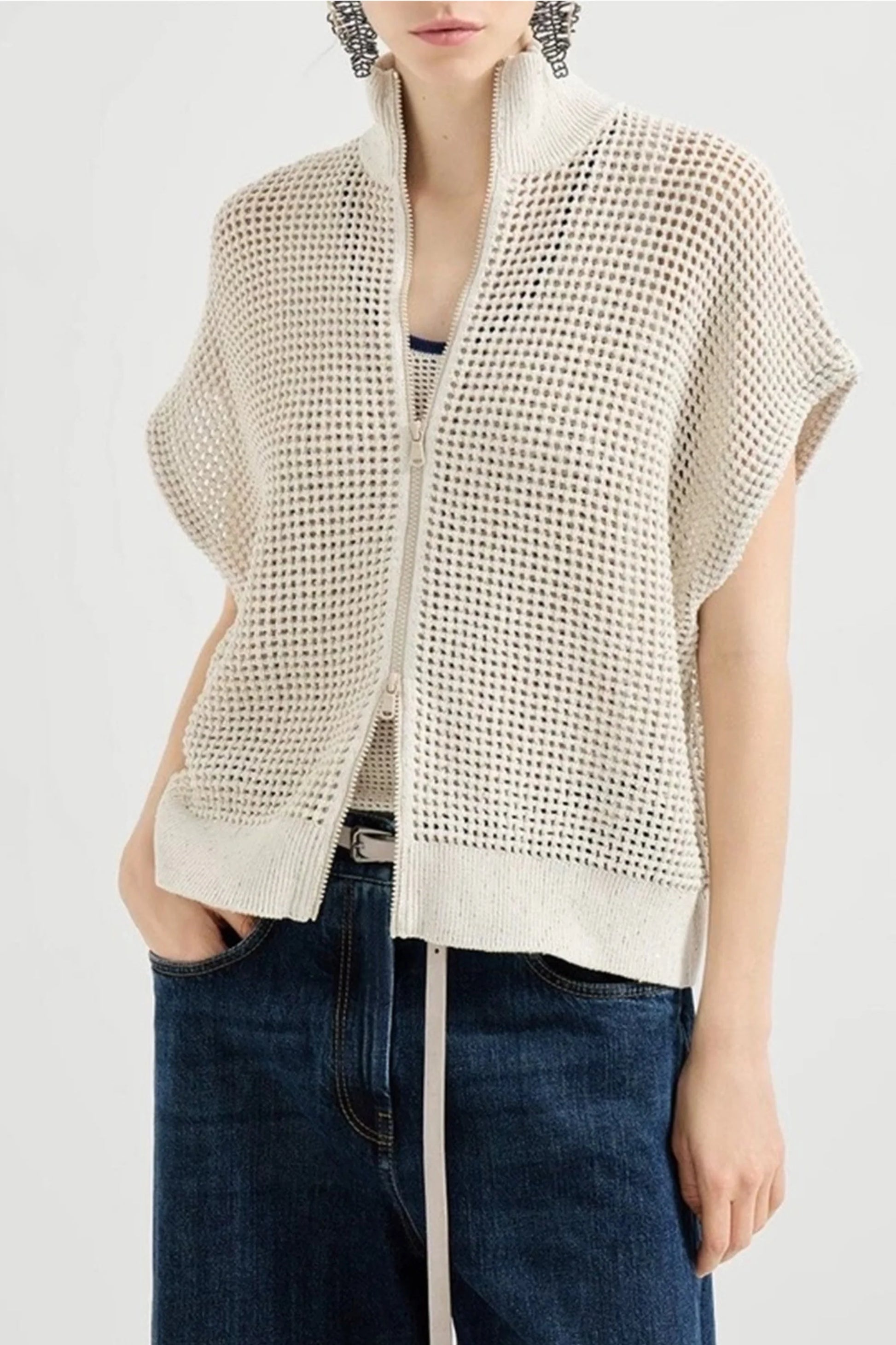 Cream Mesh Knit Open-Front Sleeveless Cardigan Hemp White