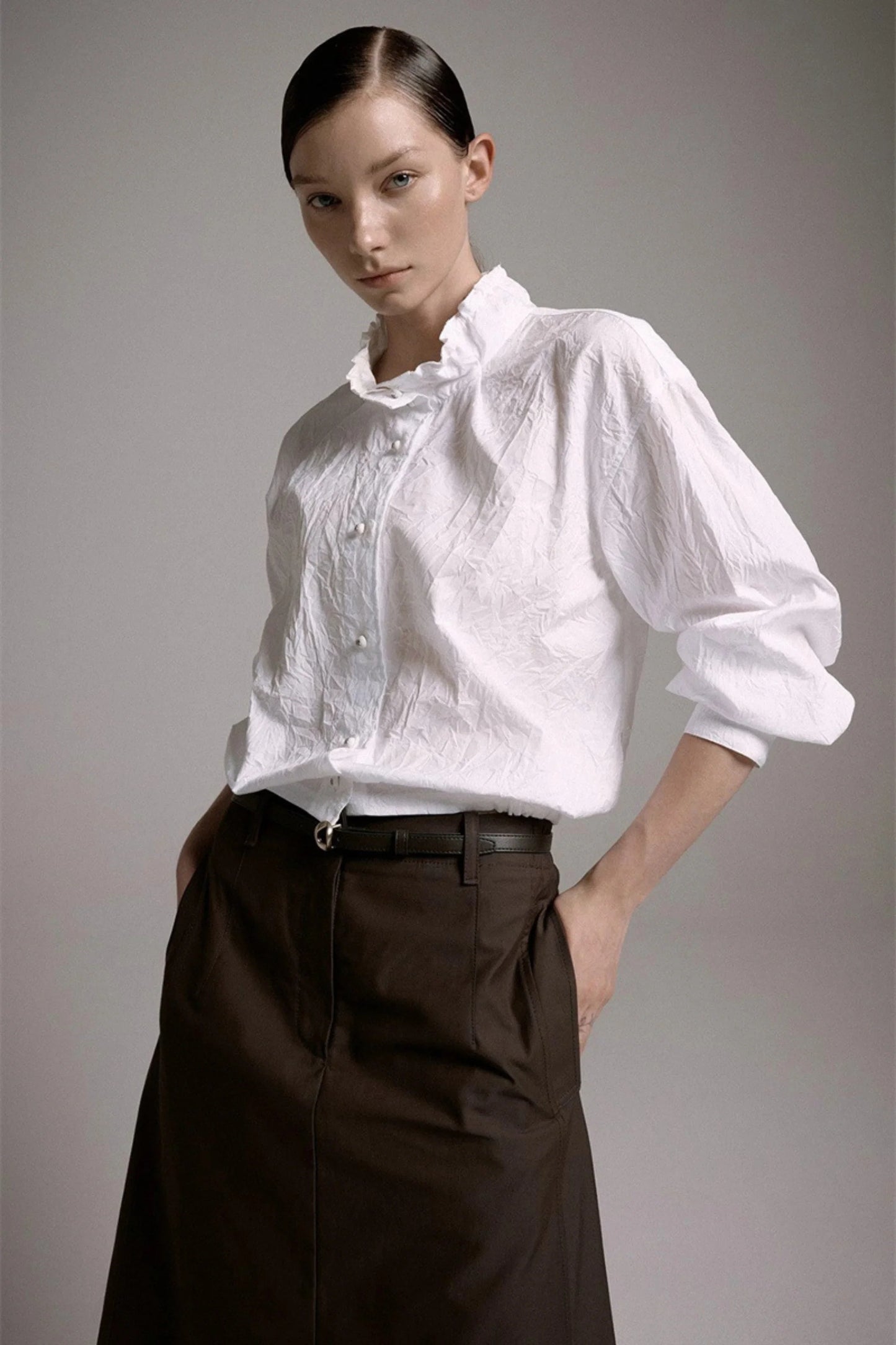 Crinkled Texture Puff Sleeve Blouse – White White