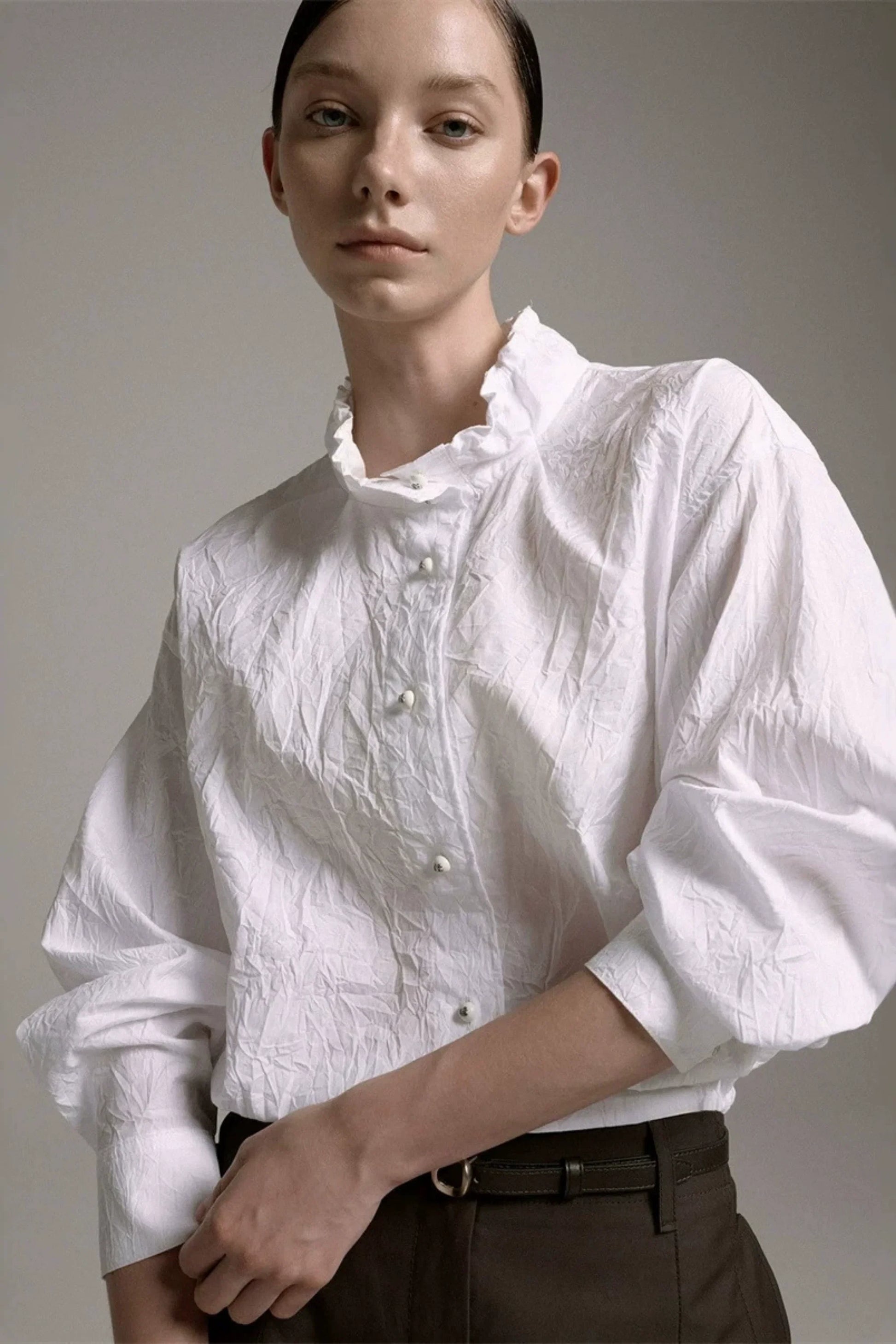 Crinkled Texture Puff Sleeve Blouse – White White