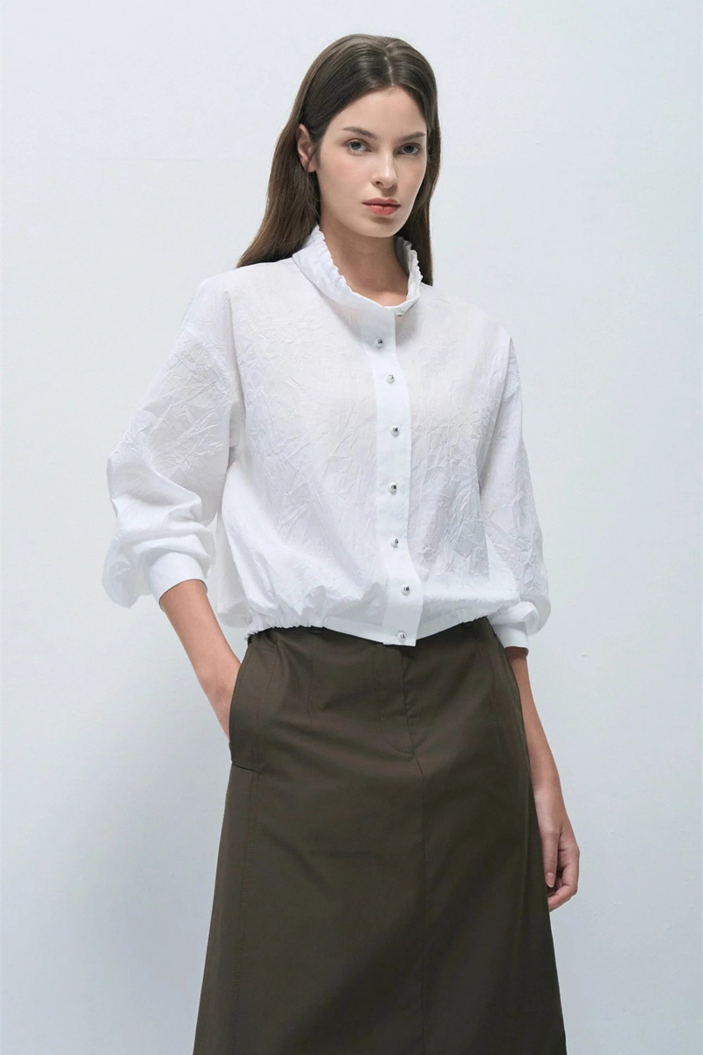Crinkled Texture Puff Sleeve Blouse – White White