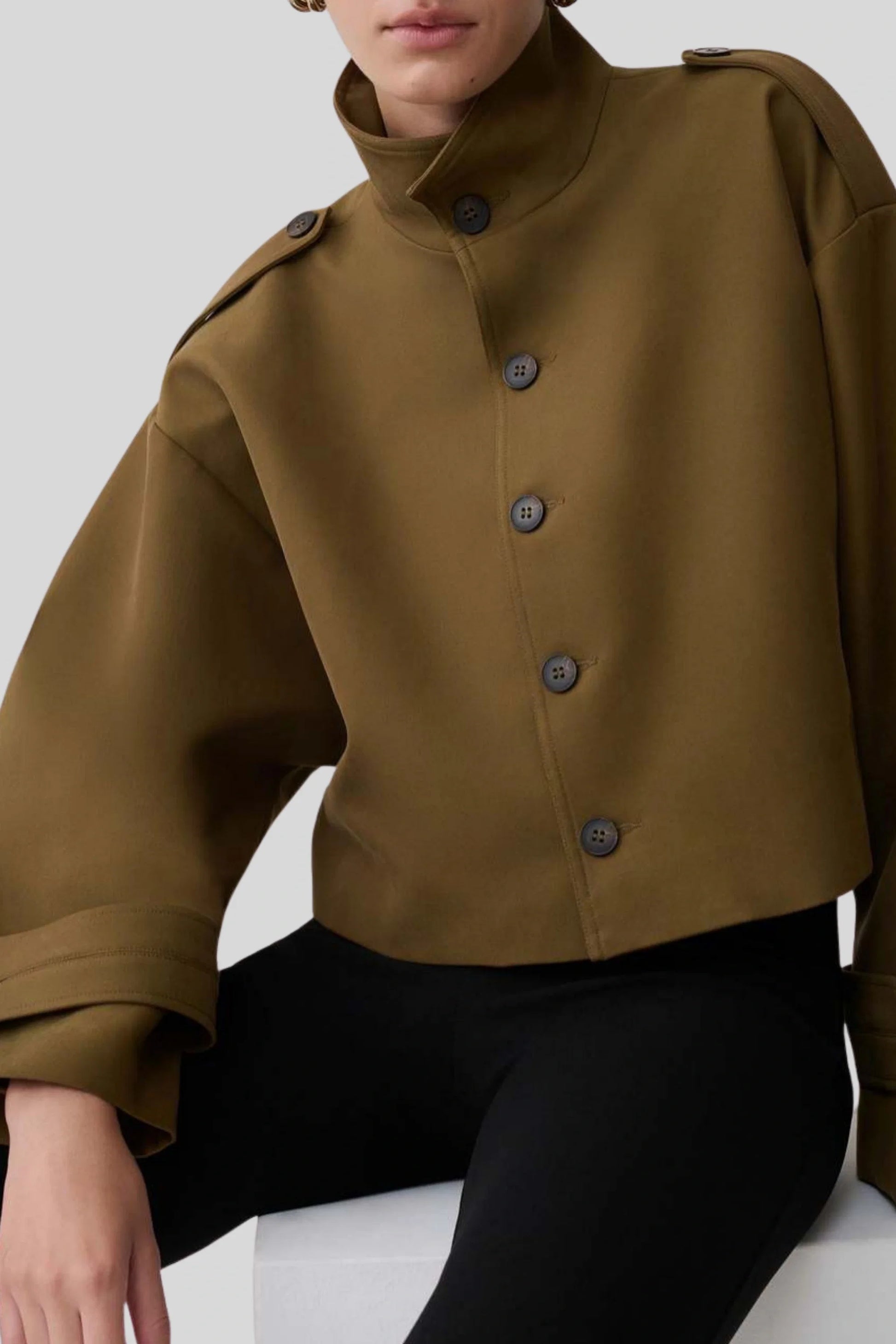 Cropped High Collar Jacket with Epaulettes – Coffee Brown Coffee Brown