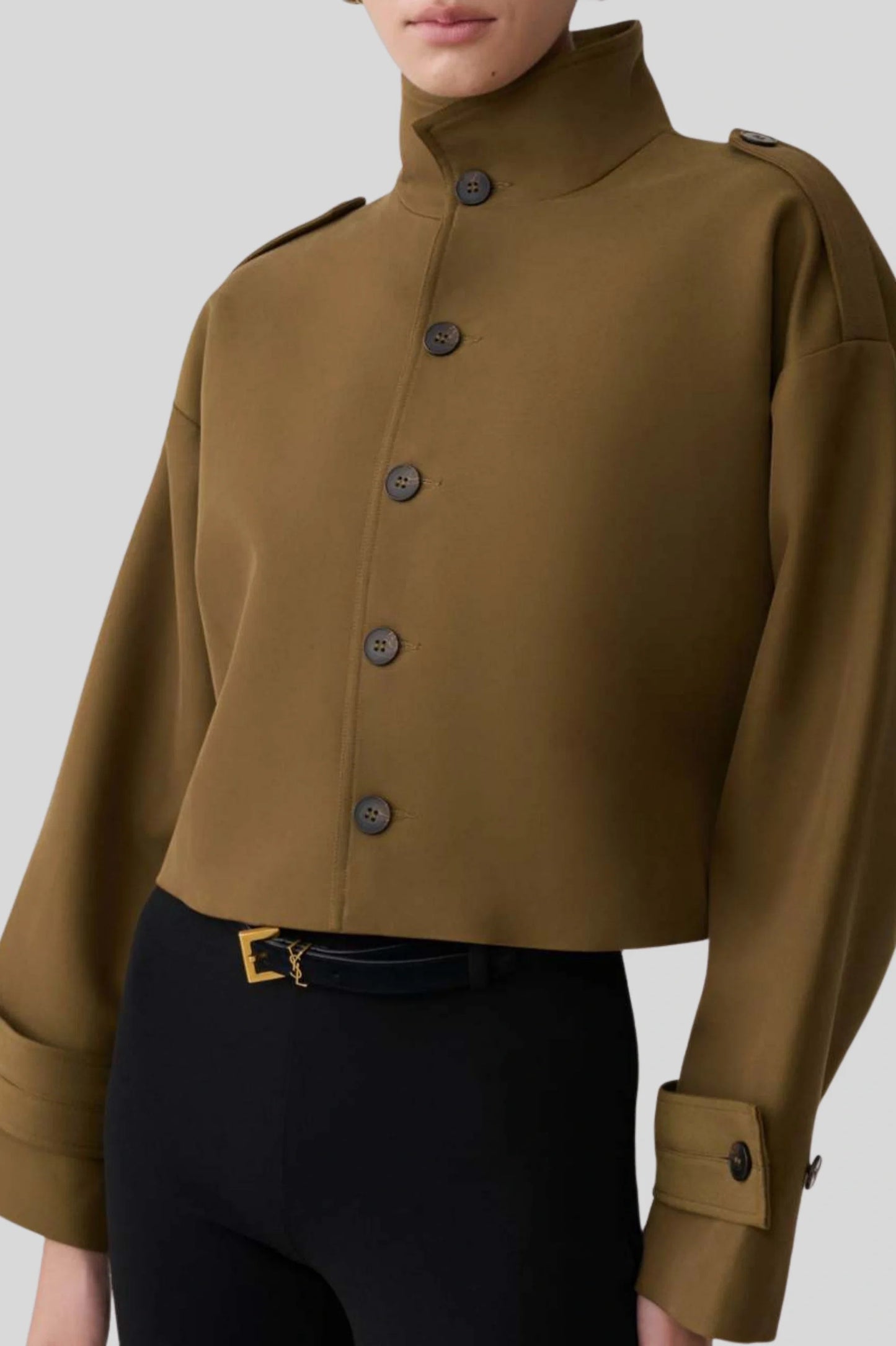 Cropped High Collar Jacket with Epaulettes – Coffee Brown Coffee Brown