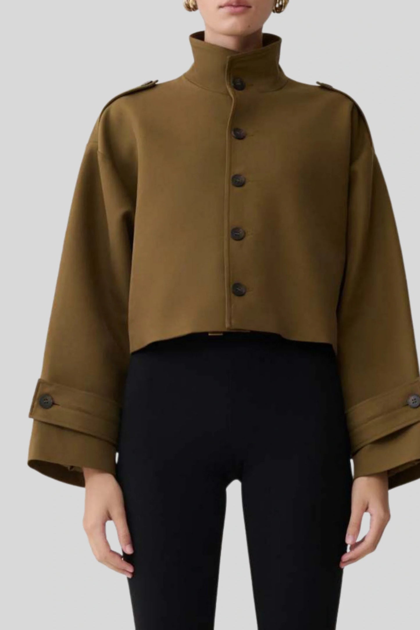 Cropped High Collar Jacket with Epaulettes – Coffee Brown Coffee Brown