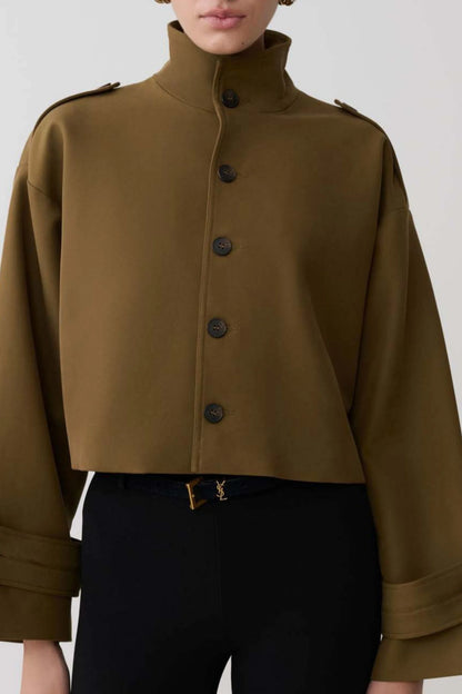 Cropped High Collar Jacket with Epaulettes – Coffee Brown Coffee Brown