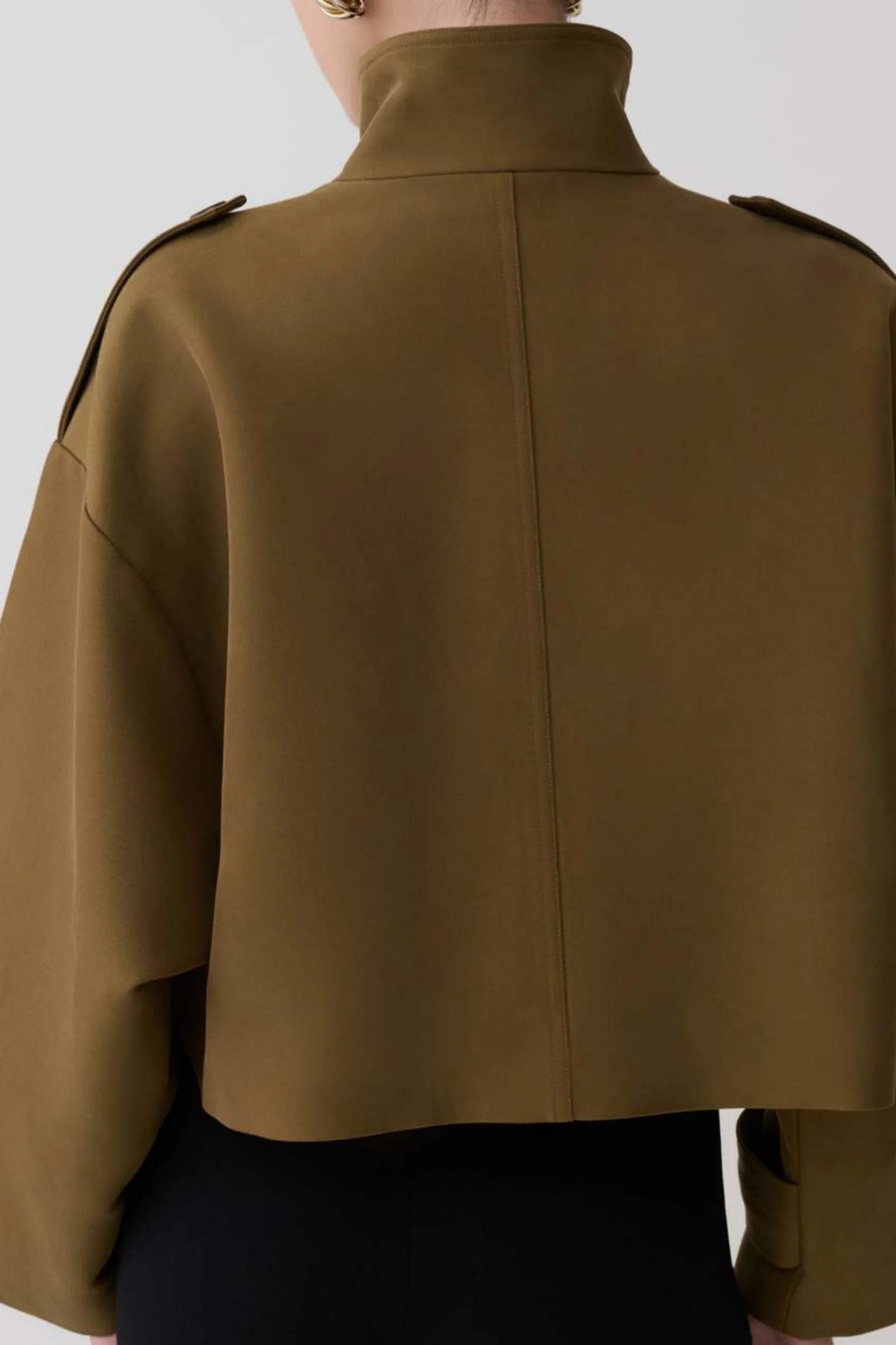 Cropped High Collar Jacket with Epaulettes – Coffee Brown Coffee Brown