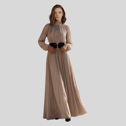Elegant Pleated Maxi Dress_biege