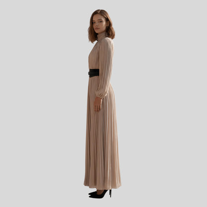 Elegant Pleated Maxi Dress_biege
