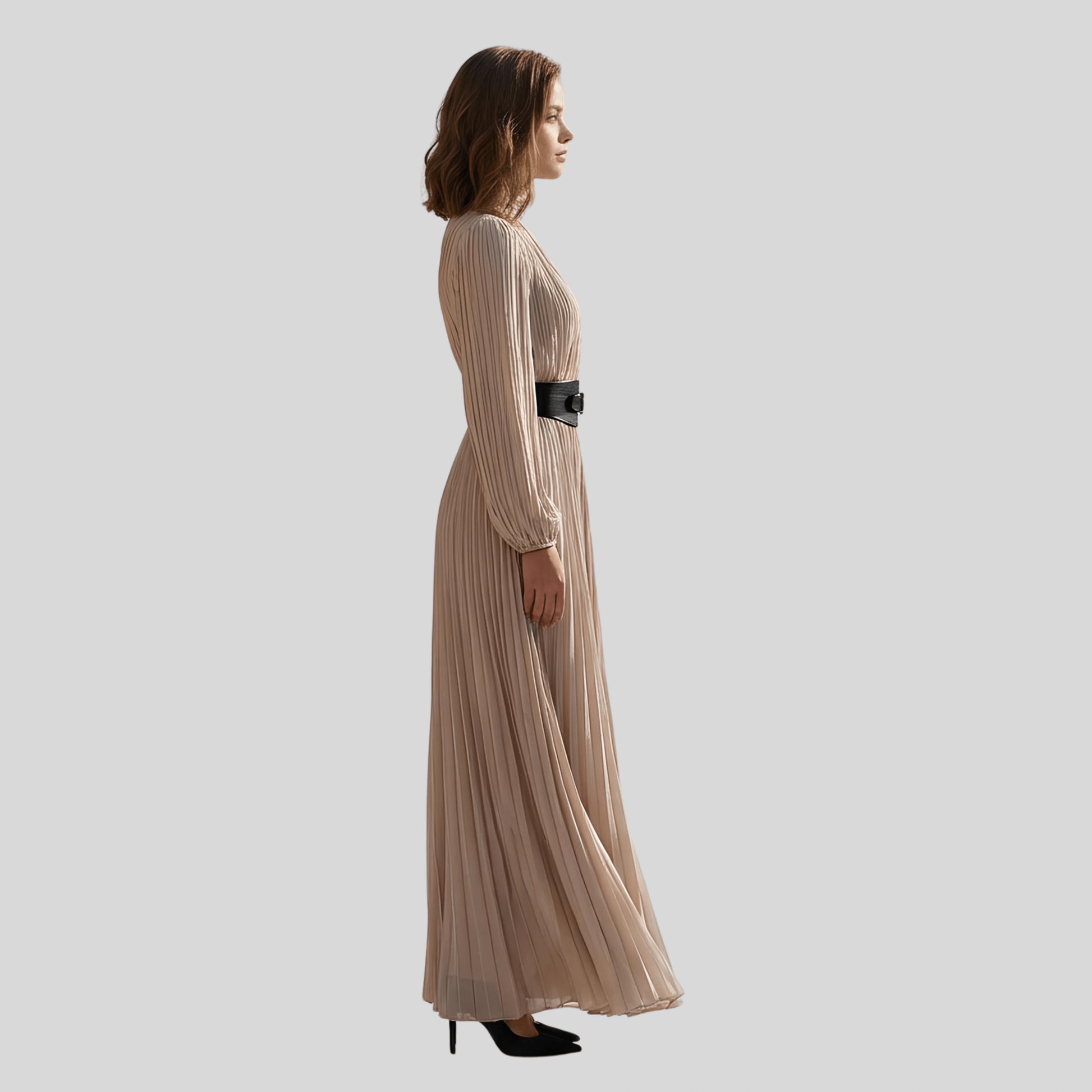 Elegant Pleated Maxi Dress_biege