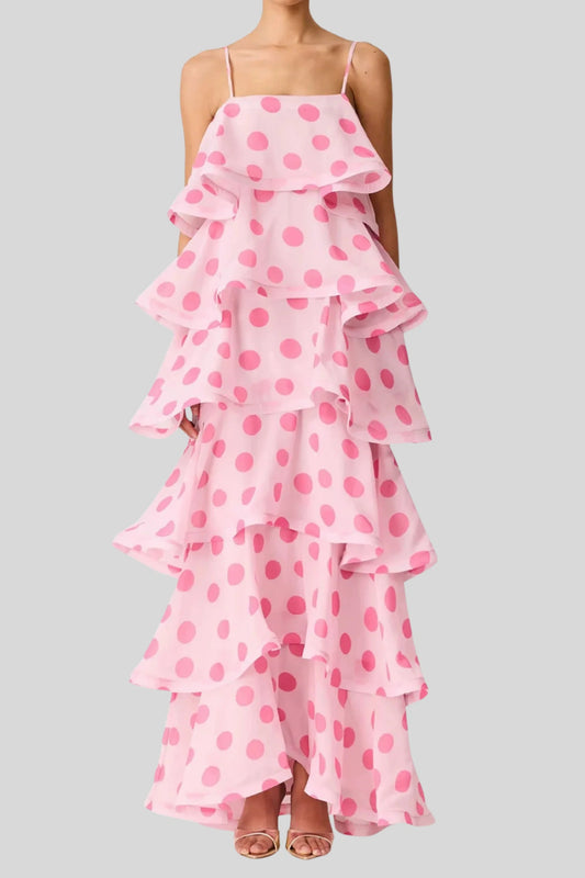 Floral Multi-Layer Cake Long Suspender Dress Pink Polka Dot