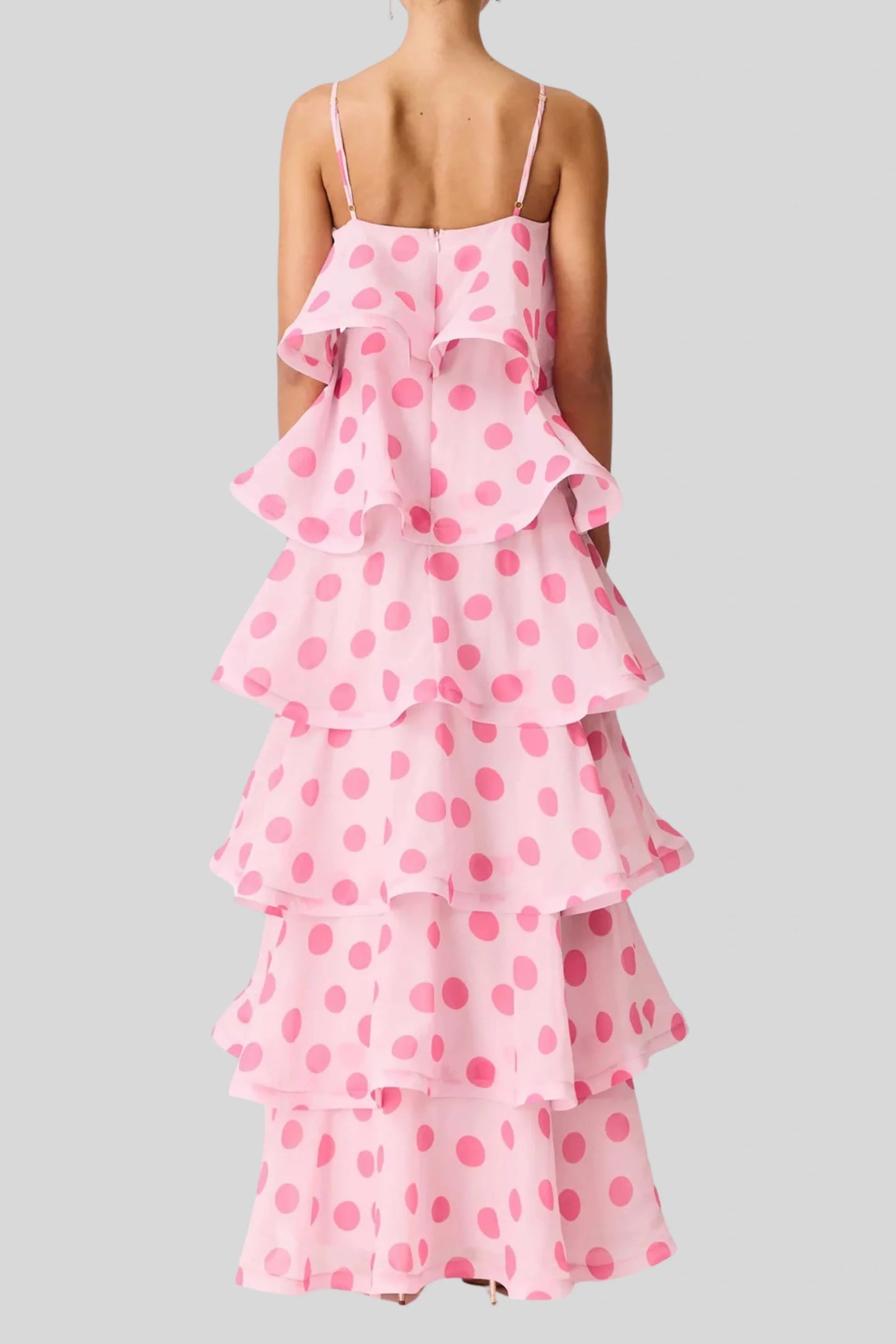 Floral Multi-Layer Cake Long Suspender Dress Pink Polka Dot
