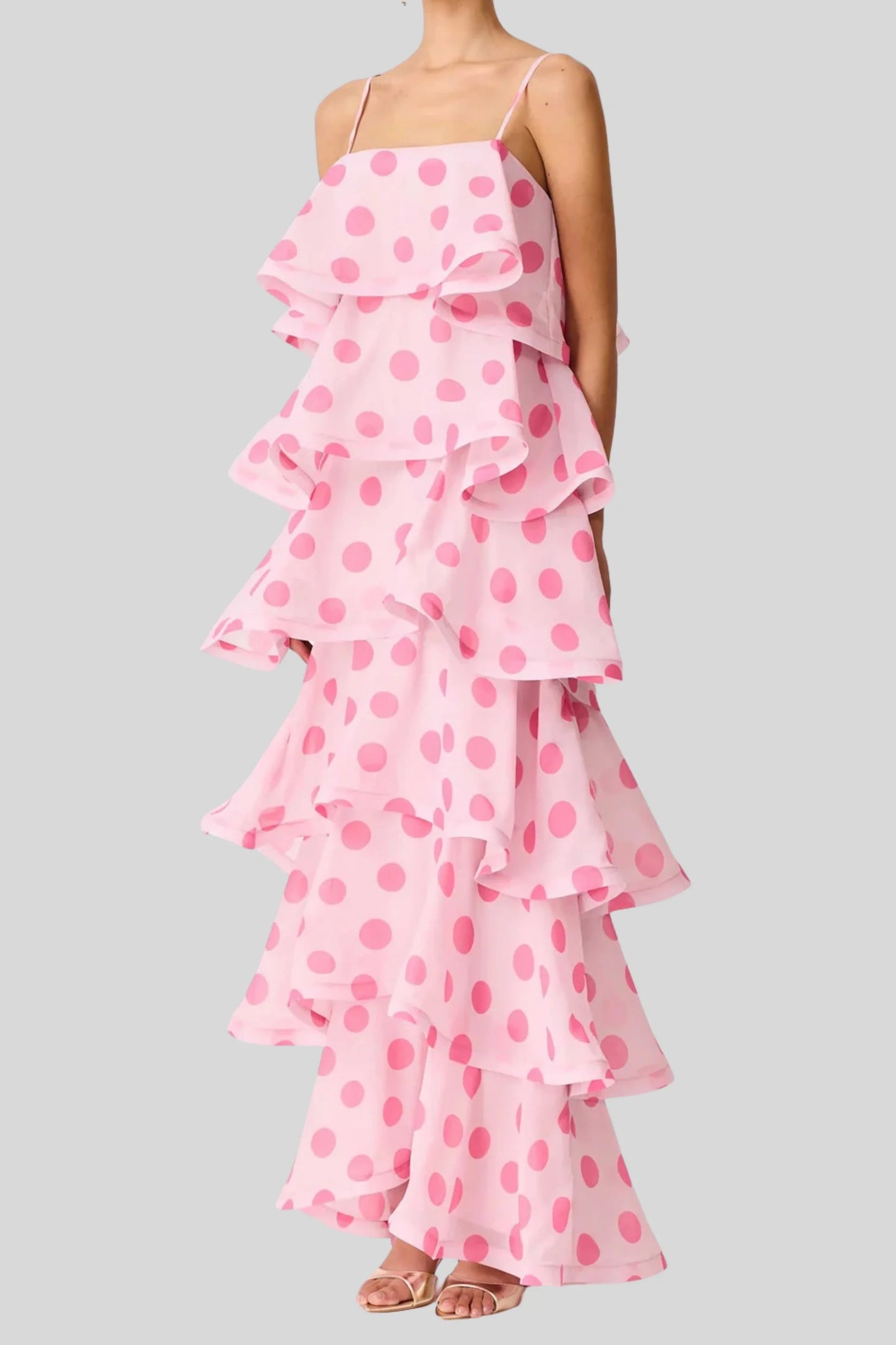 Floral Multi-Layer Cake Long Suspender Dress Pink Polka Dot