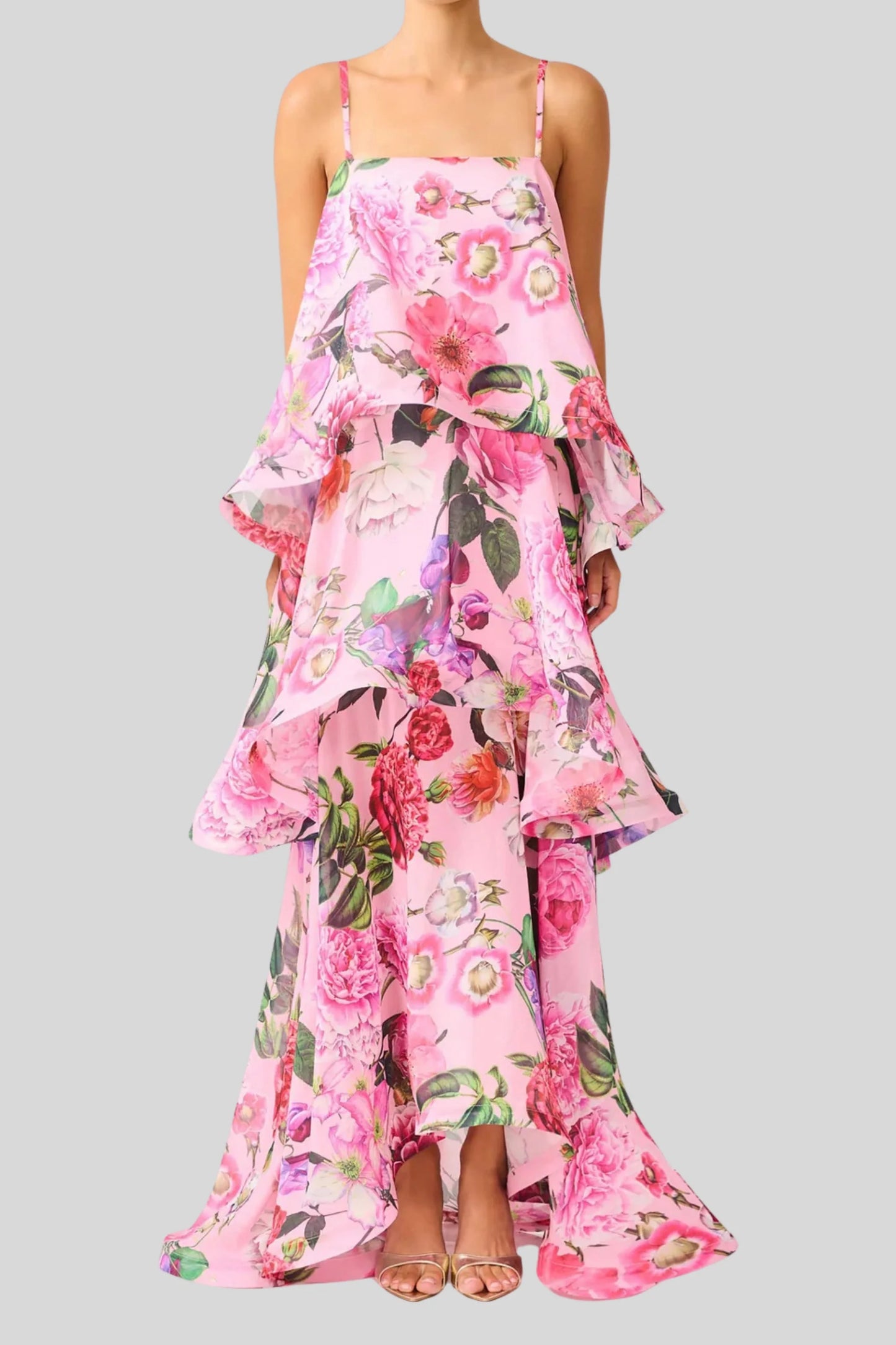 Floral Multi-Layer Cake Long Suspender Dress Pink Floral