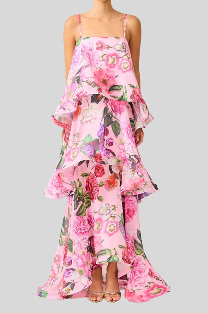 Floral Multi-Layer Cake Long Suspender Dress Pink Floral