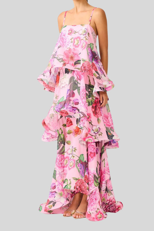 Floral Multi-Layer Cake Long Suspender Dress Pink Floral