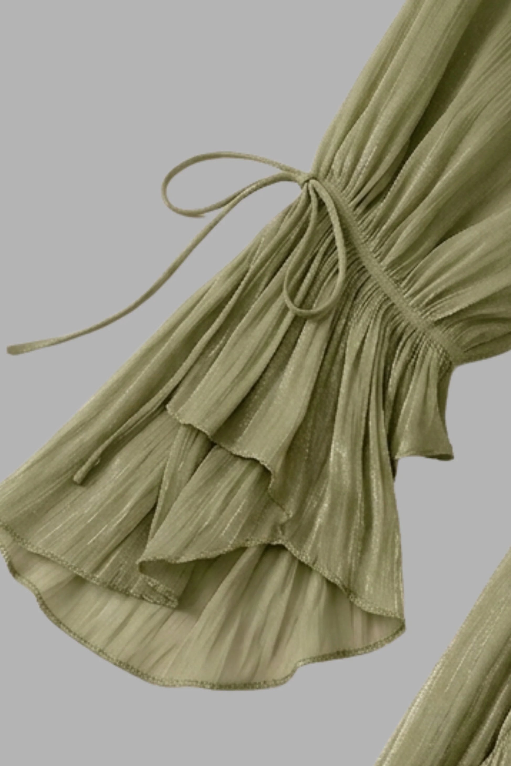 Sage Green Tiered Chiffon Puff Sleeve Pearl Trim Midi Dress Color: