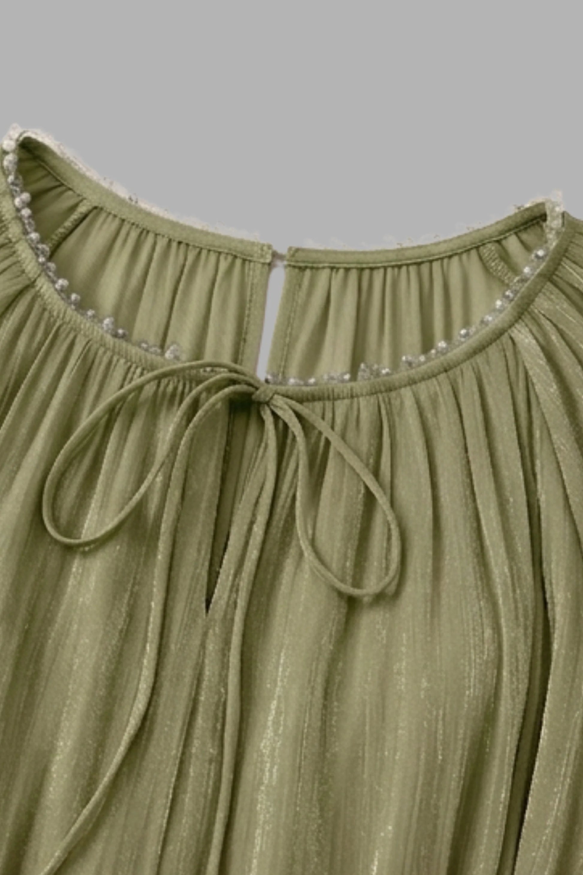 Sage Green Tiered Chiffon Puff Sleeve Pearl Trim Midi Dress Color: