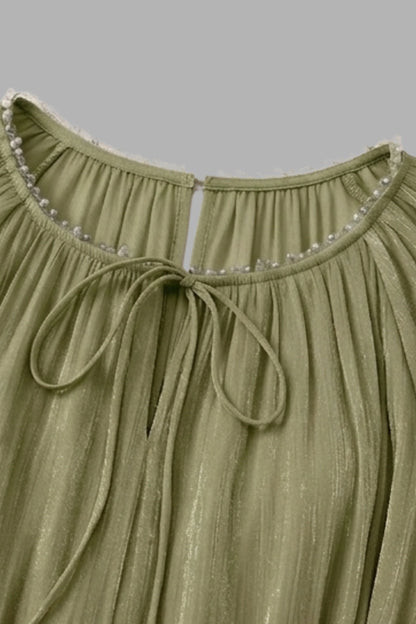 Sage Green Tiered Chiffon Puff Sleeve Pearl Trim Midi Dress Color: