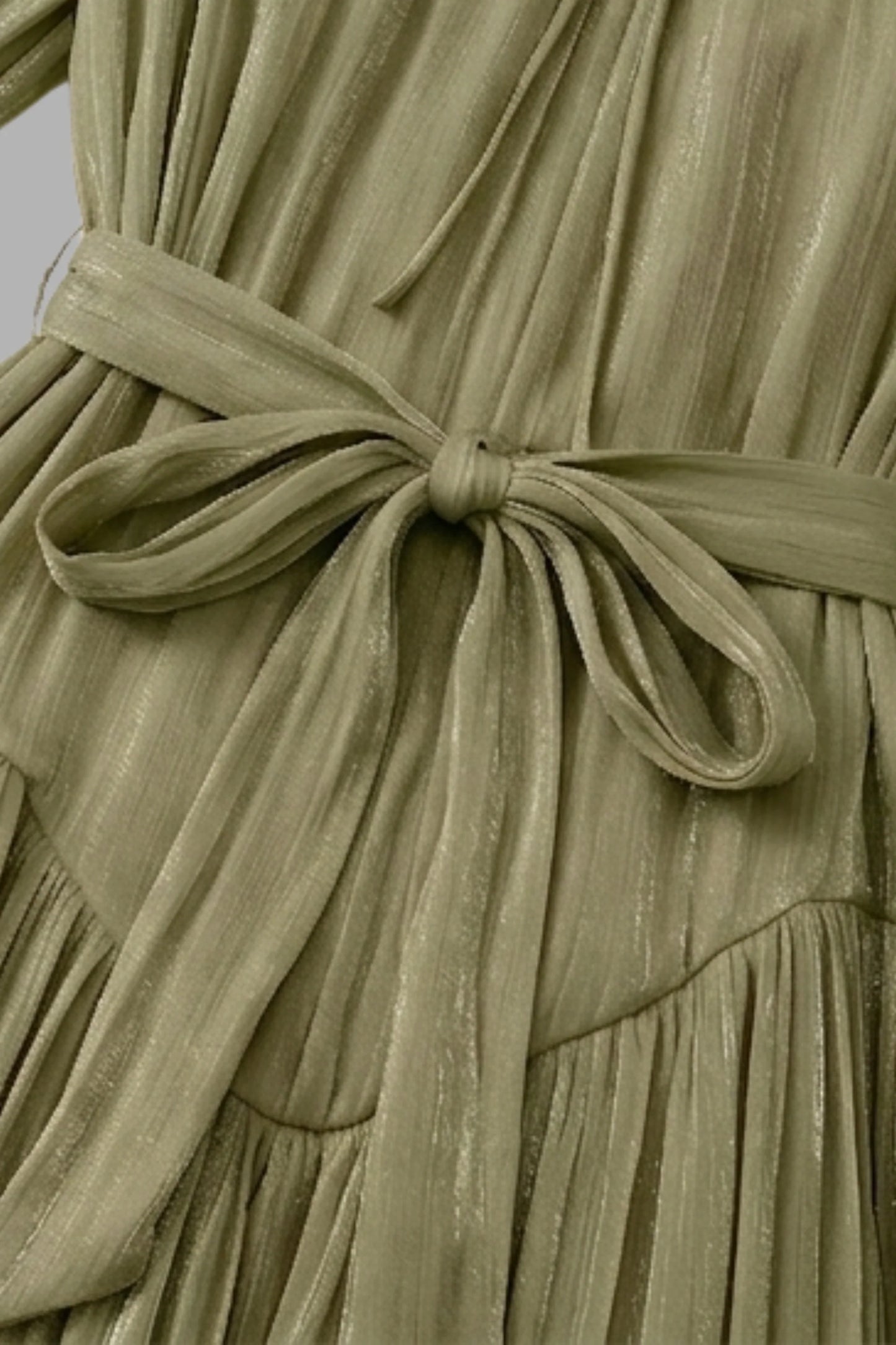 Sage Green Tiered Chiffon Puff Sleeve Pearl Trim Midi Dress Color: