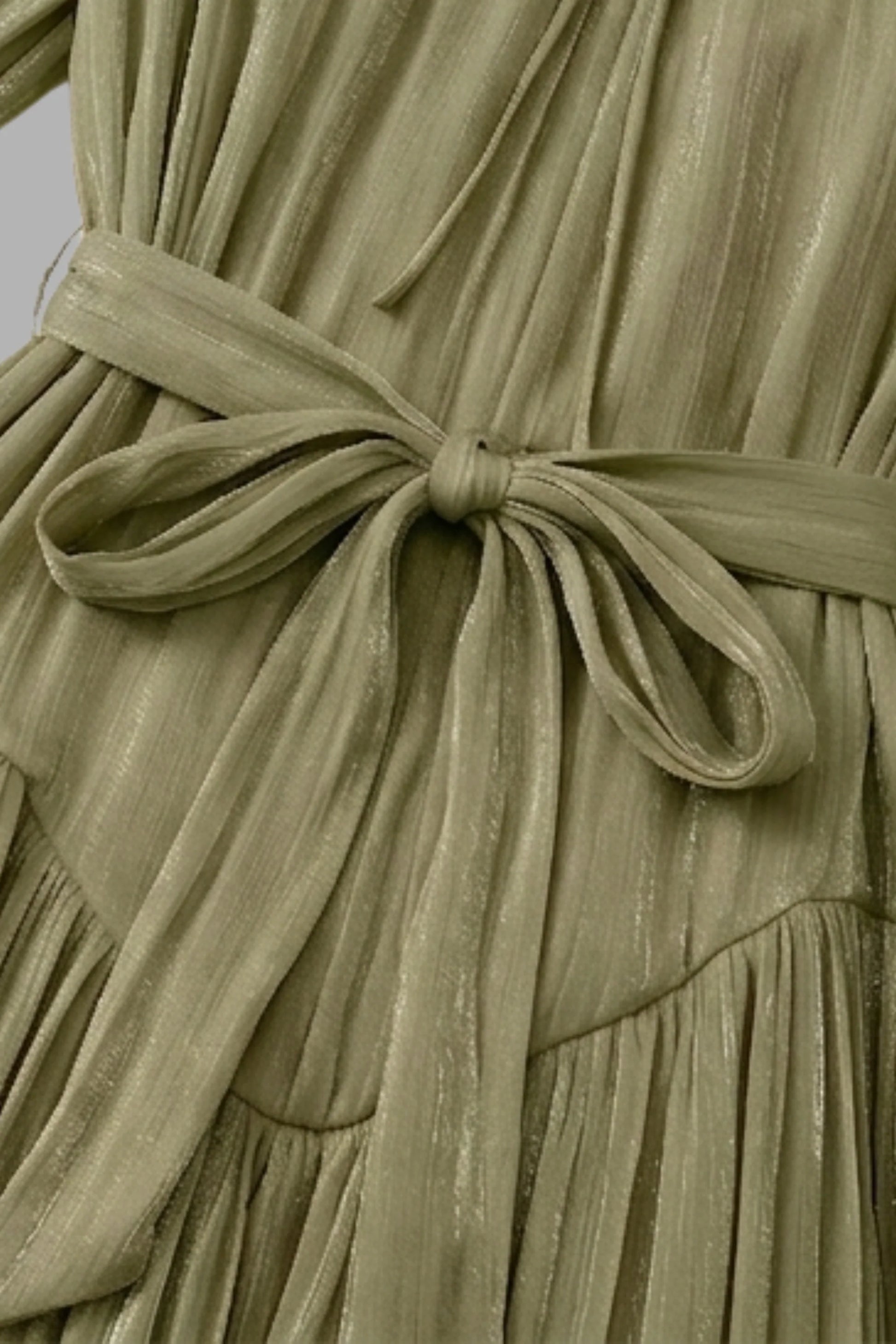 Sage Green Tiered Chiffon Puff Sleeve Pearl Trim Midi Dress Color: