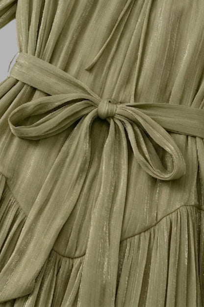 Sage Green Tiered Chiffon Puff Sleeve Pearl Trim Midi Dress Color: