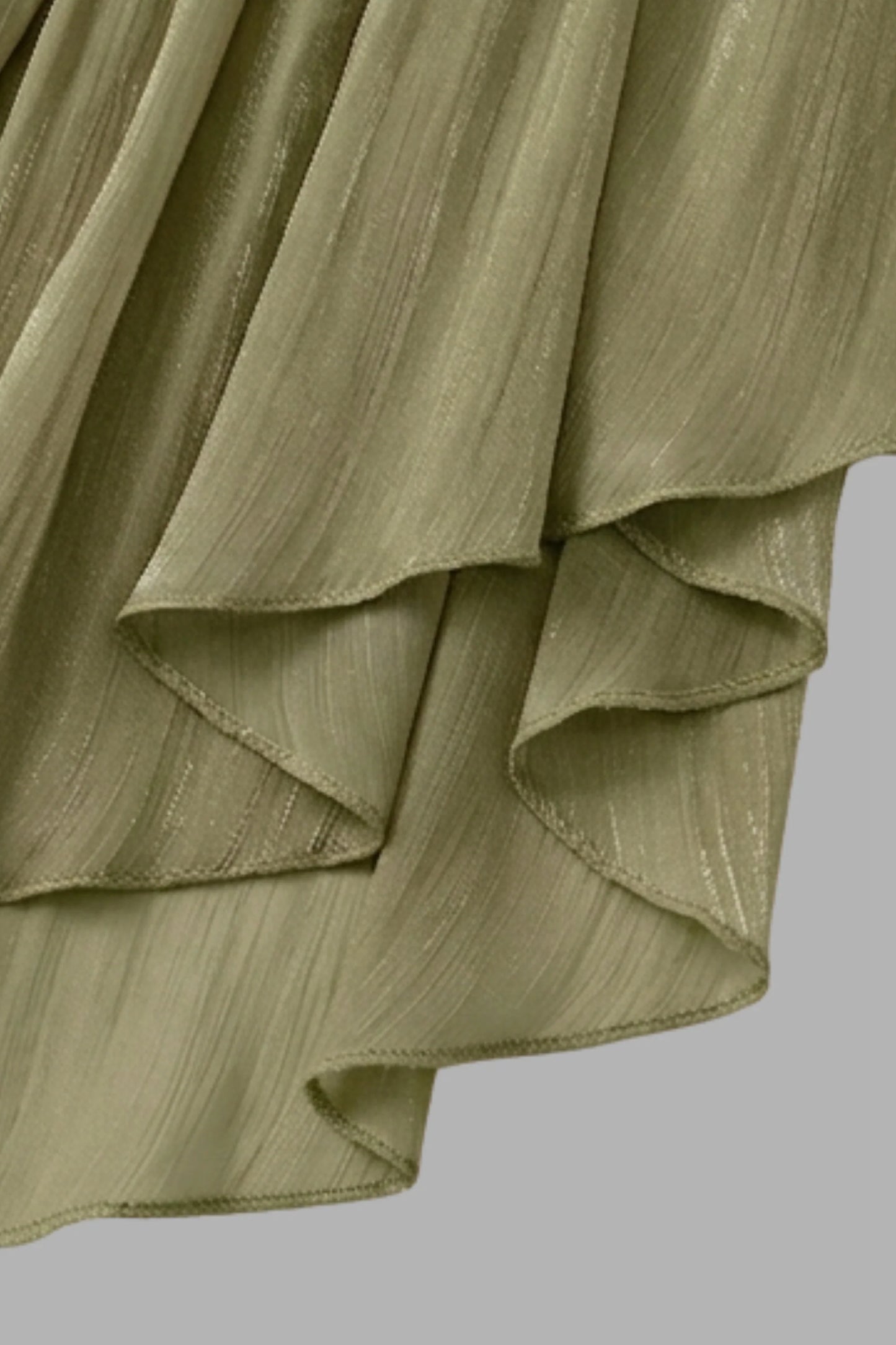 Sage Green Tiered Chiffon Puff Sleeve Pearl Trim Midi Dress Color: