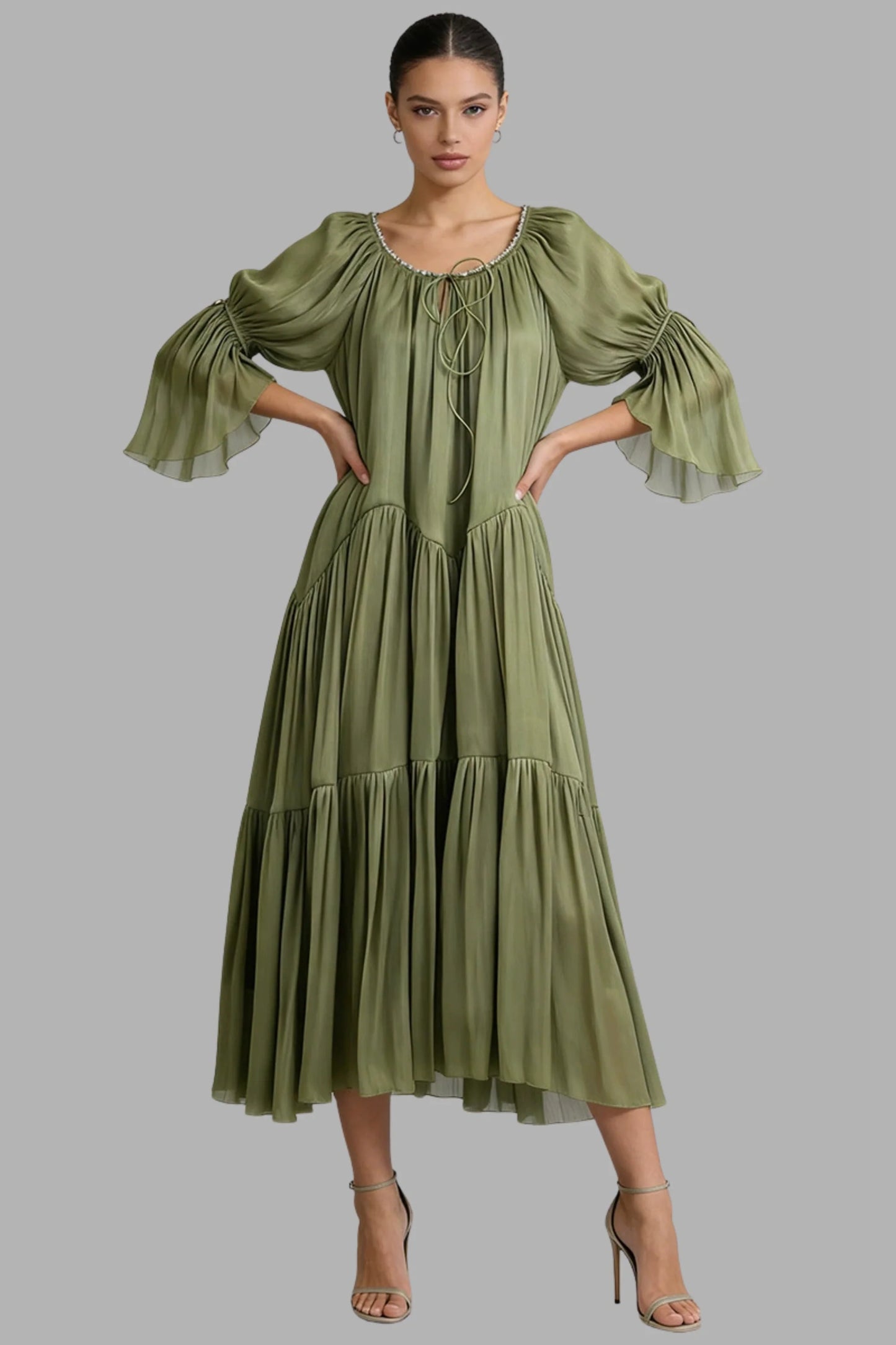 Sage Green Tiered Chiffon Puff Sleeve Pearl Trim Midi Dress Color: