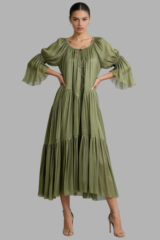 Sage Green Tiered Chiffon Puff Sleeve Pearl Trim Midi Dress Color: