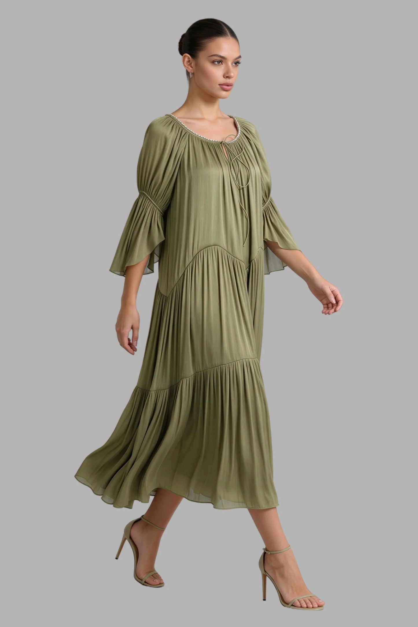Sage Green Tiered Chiffon Puff Sleeve Pearl Trim Midi Dress Color: