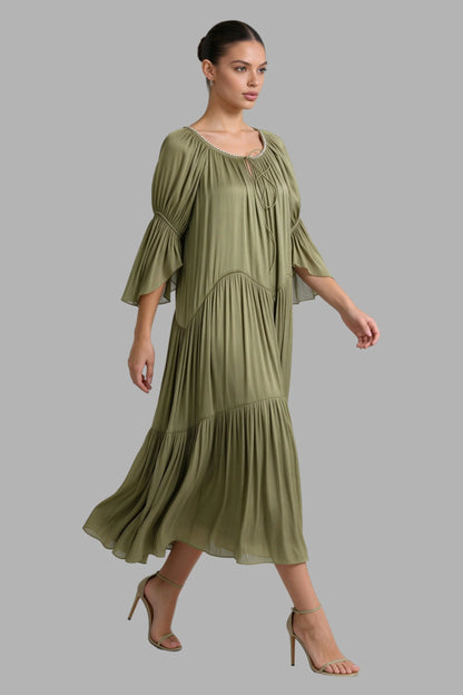 Sage Green Tiered Chiffon Puff Sleeve Pearl Trim Midi Dress Color: