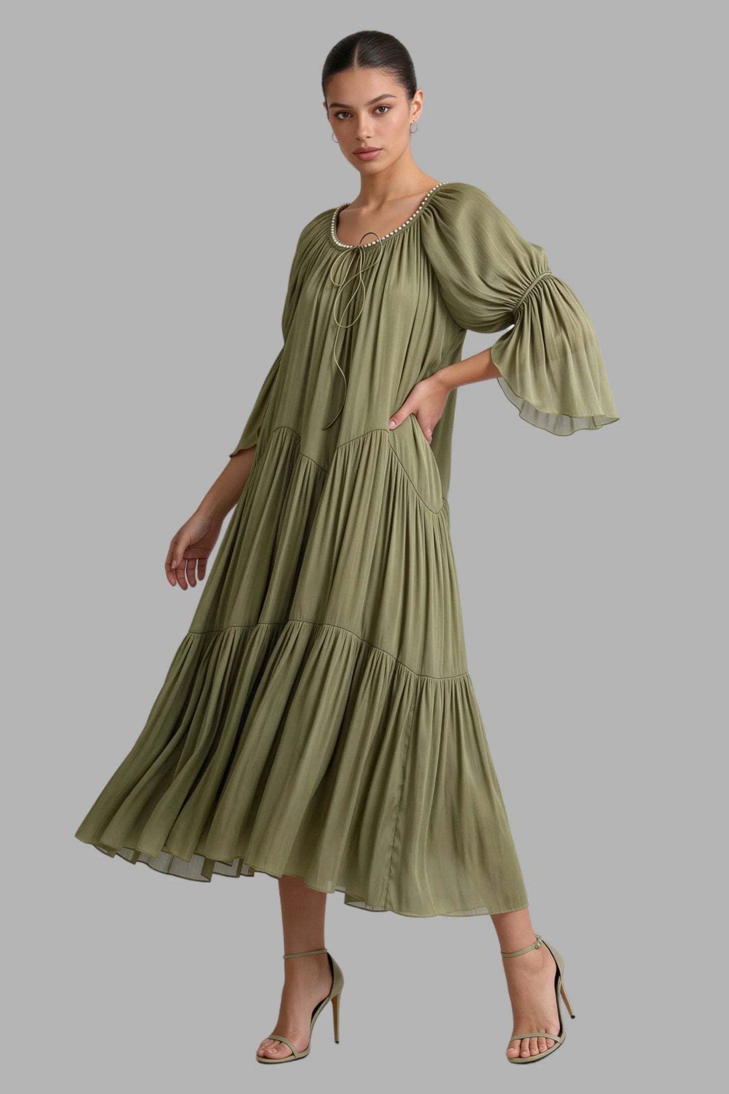 Sage Green Tiered Chiffon Puff Sleeve Pearl Trim Midi Dress Color: