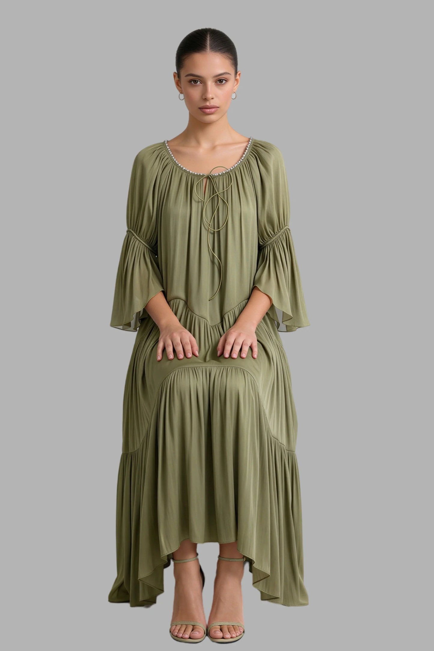 Sage Green Tiered Chiffon Puff Sleeve Pearl Trim Midi Dress Color: