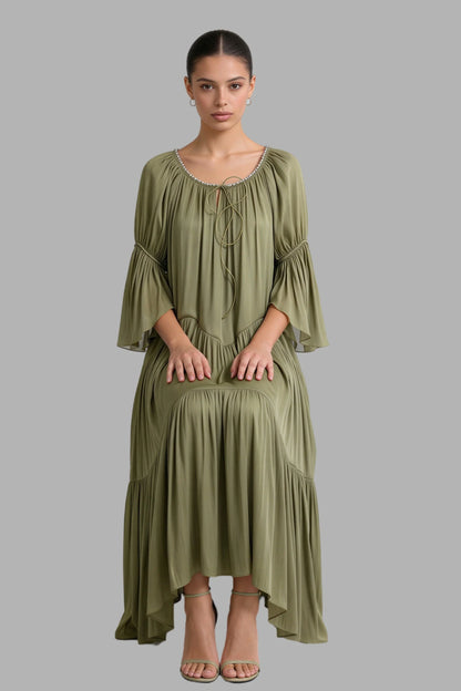 Sage Green Tiered Chiffon Puff Sleeve Pearl Trim Midi Dress Color: