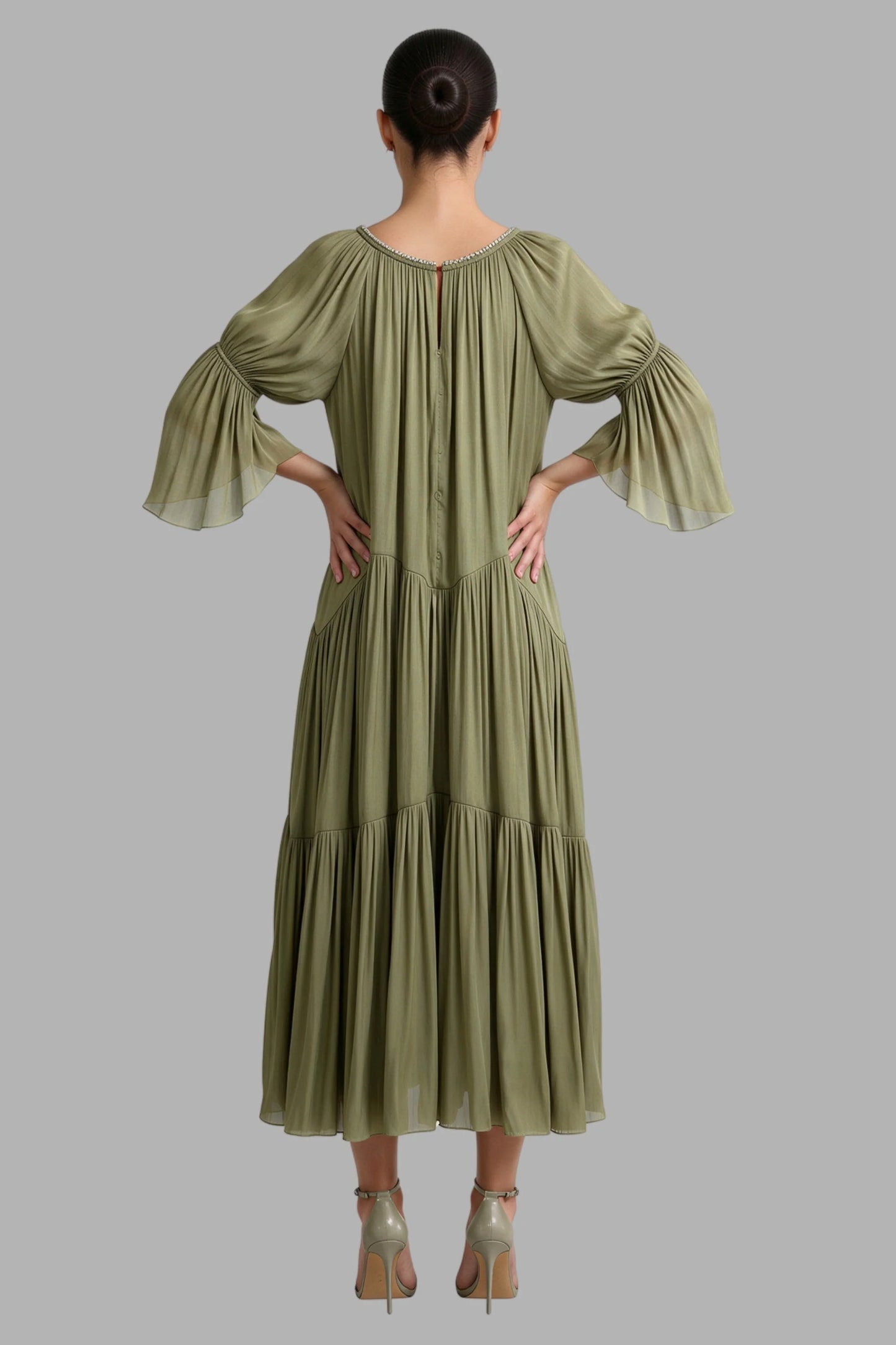 Sage Green Tiered Chiffon Puff Sleeve Pearl Trim Midi Dress Color: