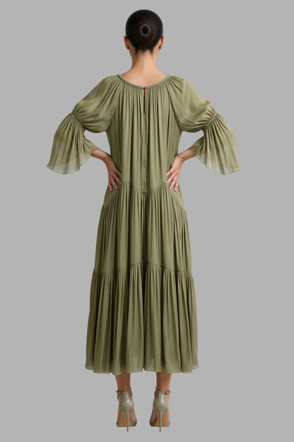 Sage Green Tiered Chiffon Puff Sleeve Pearl Trim Midi Dress Color: