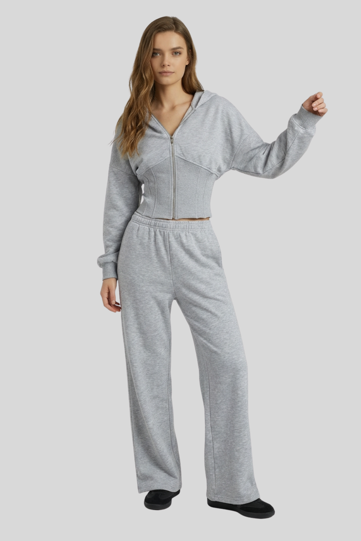 Alzya Grey Cropped Corset Zip Hoodie Set � Wide Leg Fleece Co-ord � GREY