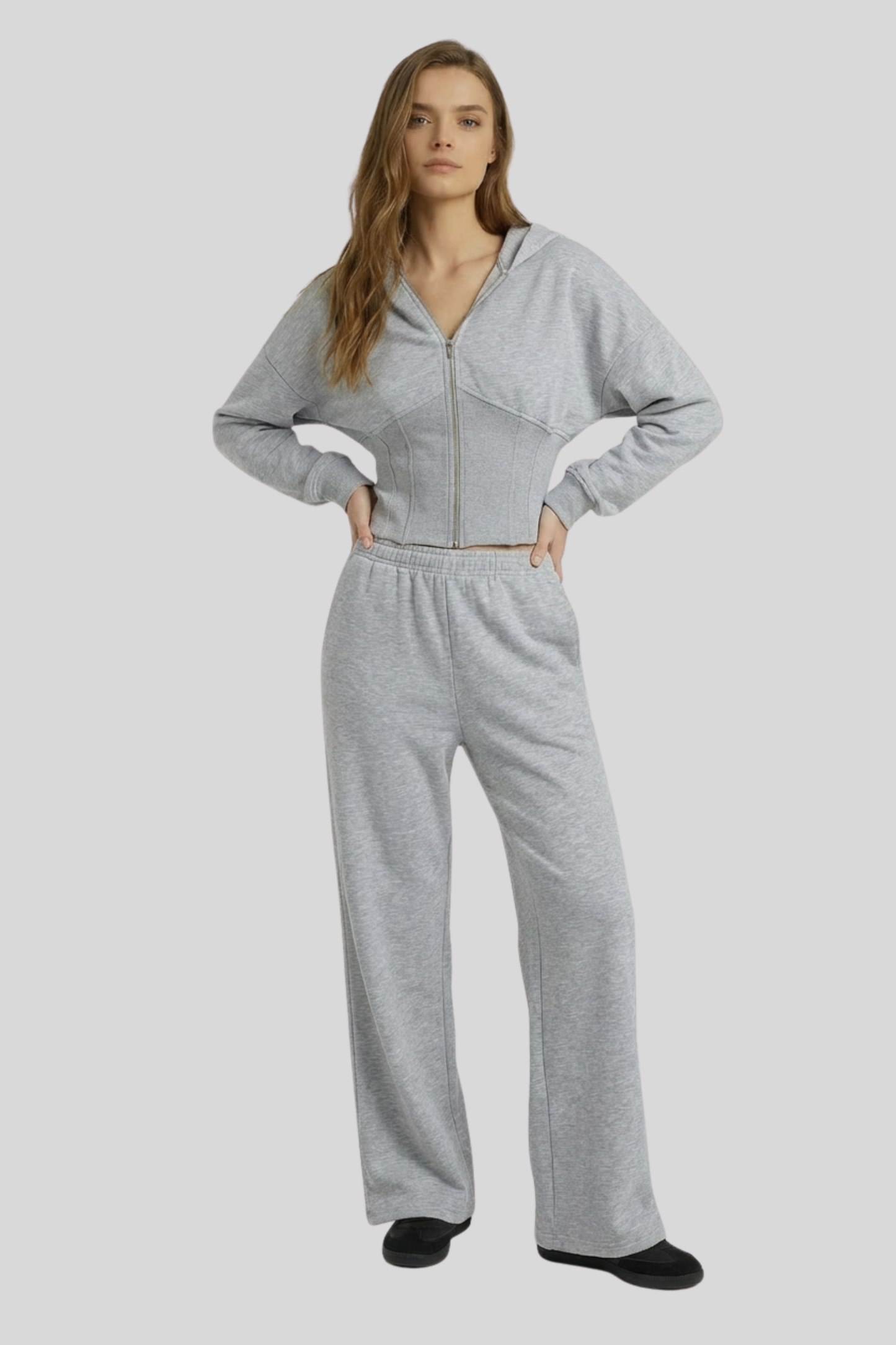 Alzya Grey Cropped Corset Zip Hoodie Set � Wide Leg Fleece Co-ord � GREY