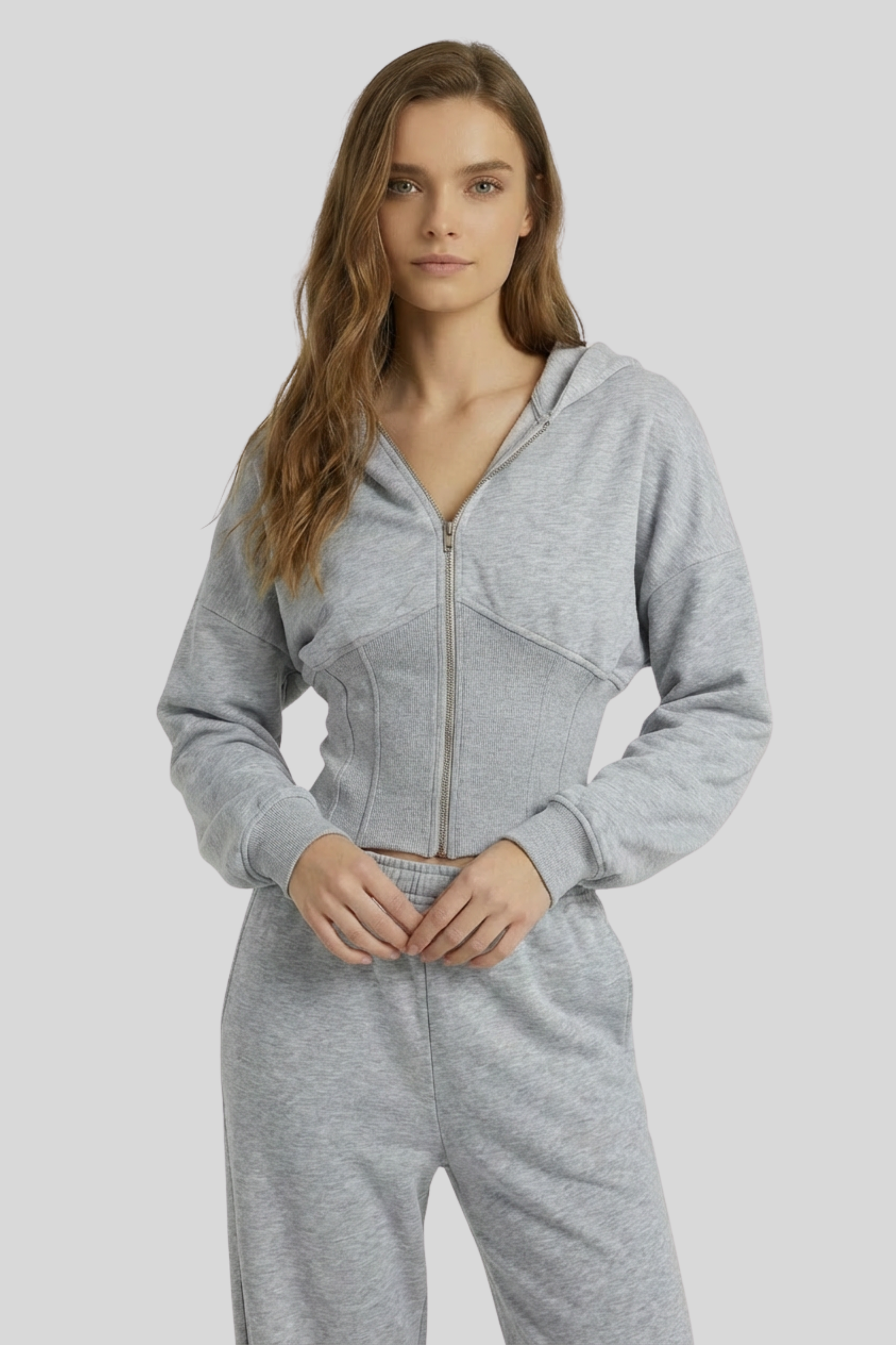 Alzya Grey Cropped Corset Zip Hoodie Set � Wide Leg Fleece Co-ord � GREY