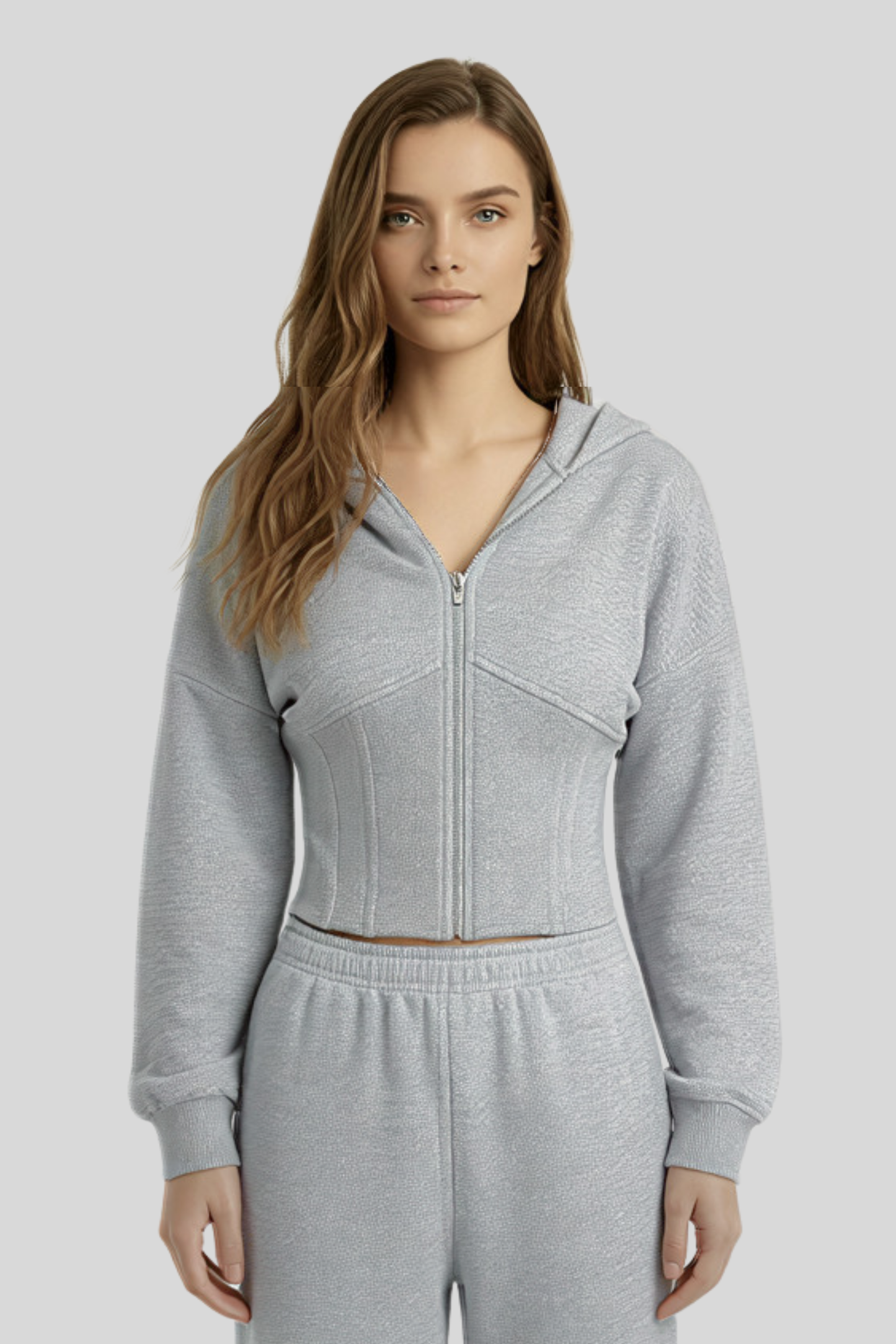 Alzya Grey Cropped Corset Zip Hoodie Set � Wide Leg Fleece Co-ord � GREY