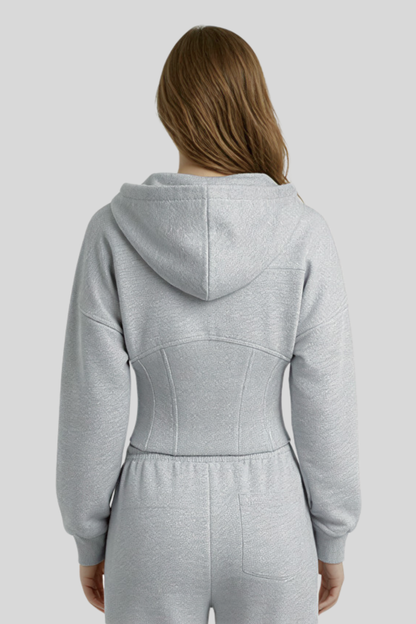 Alzya Grey Cropped Corset Zip Hoodie Set � Wide Leg Fleece Co-ord � GREY