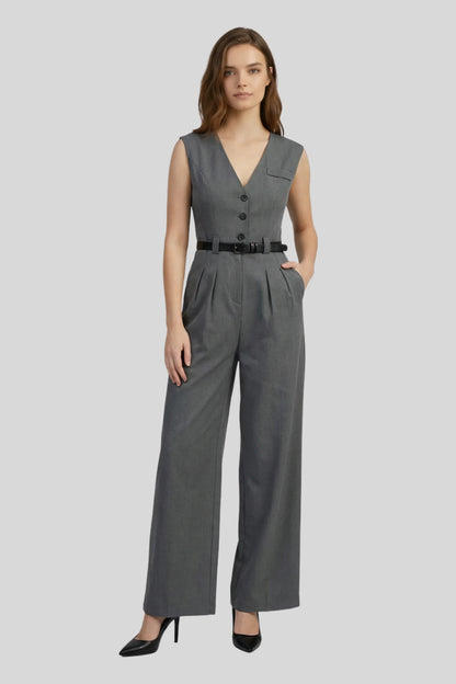 Alzya Grey Wide Leg Sleeveless Jumpsuit � High Waist Belted � DARK GREY