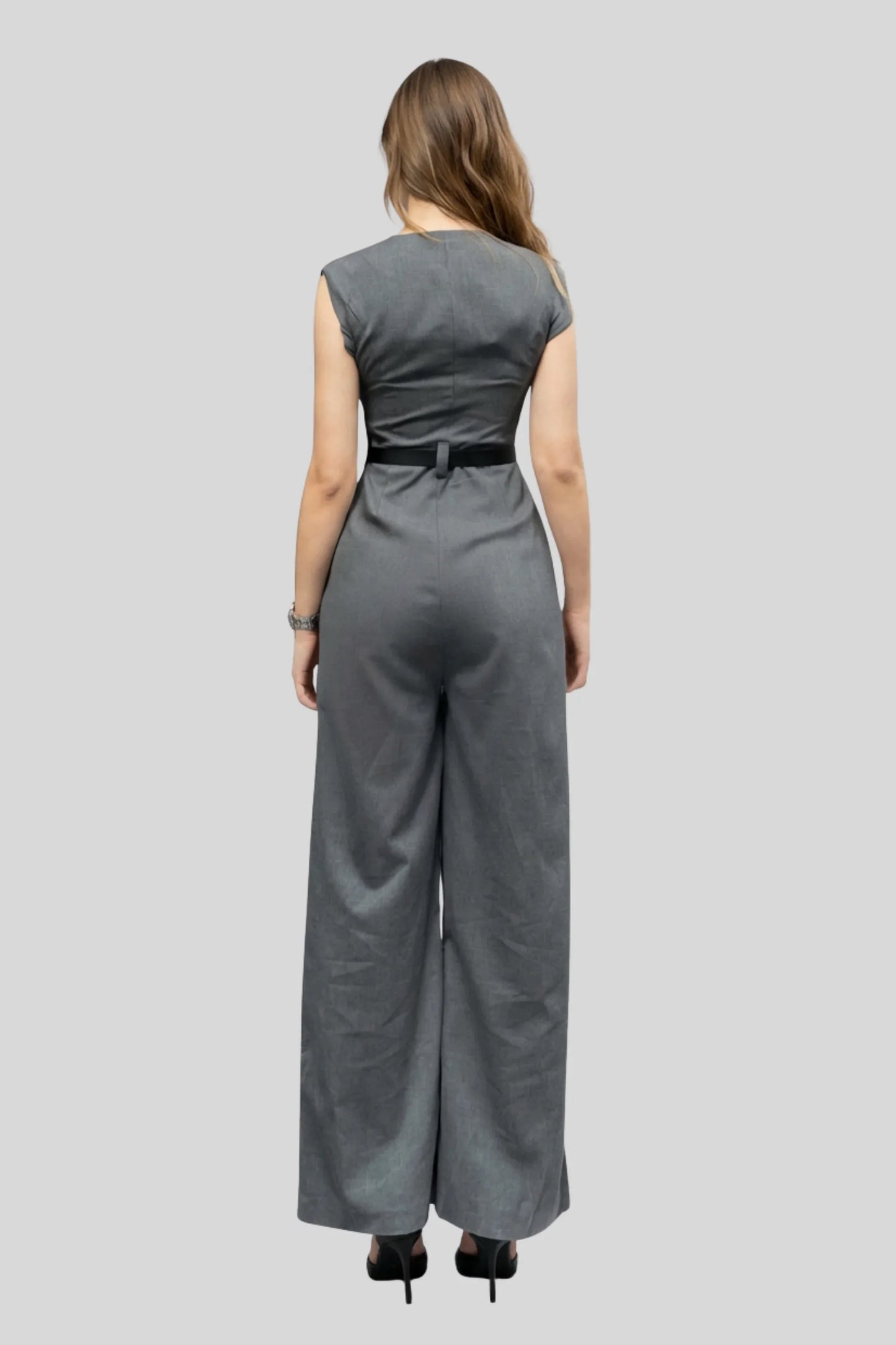 Alzya Grey Wide Leg Sleeveless Jumpsuit � High Waist Belted � DARK GREY