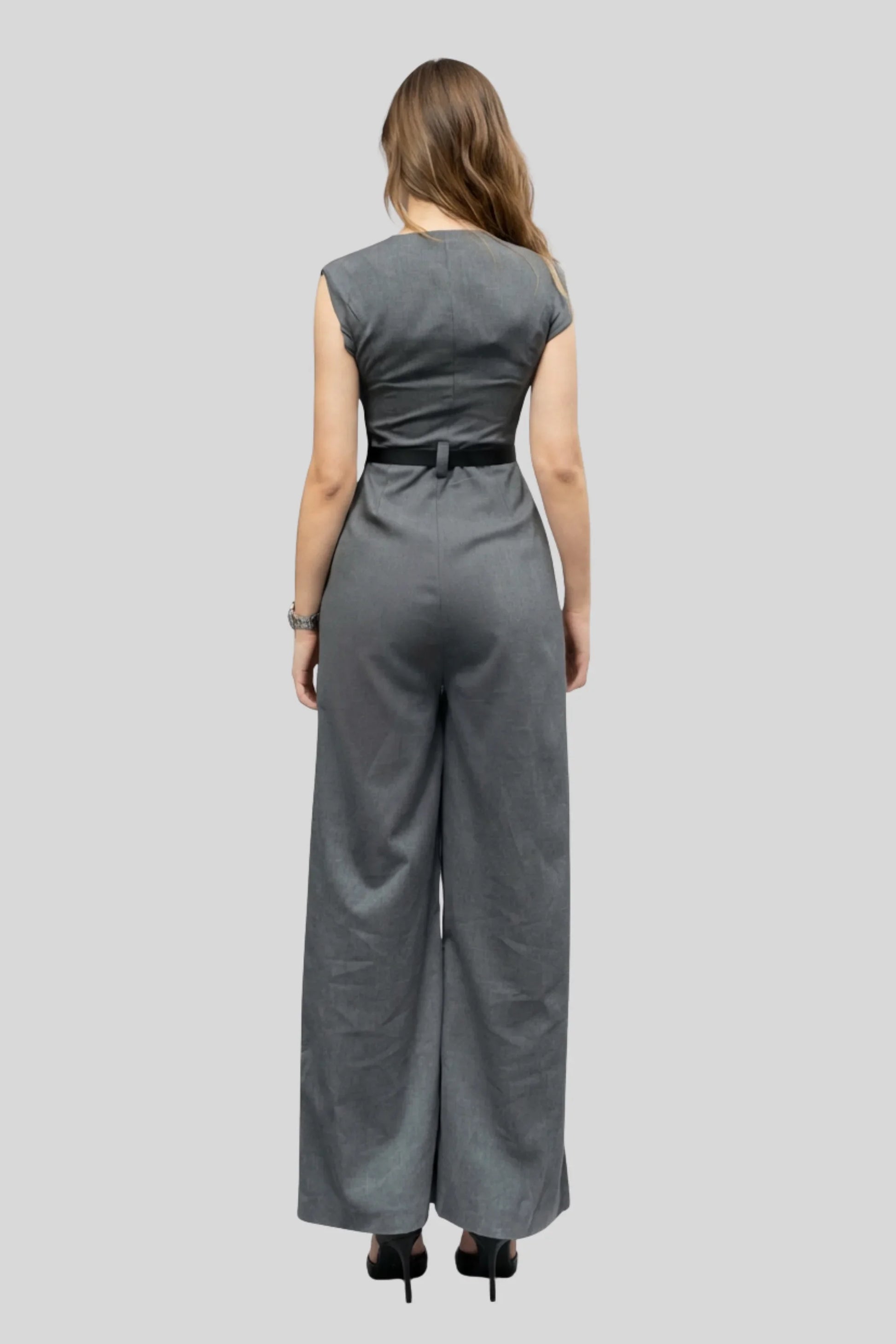 Alzya Grey Wide Leg Sleeveless Jumpsuit � High Waist Belted � DARK GREY