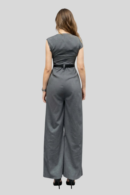Alzya Grey Wide Leg Sleeveless Jumpsuit � High Waist Belted � DARK GREY