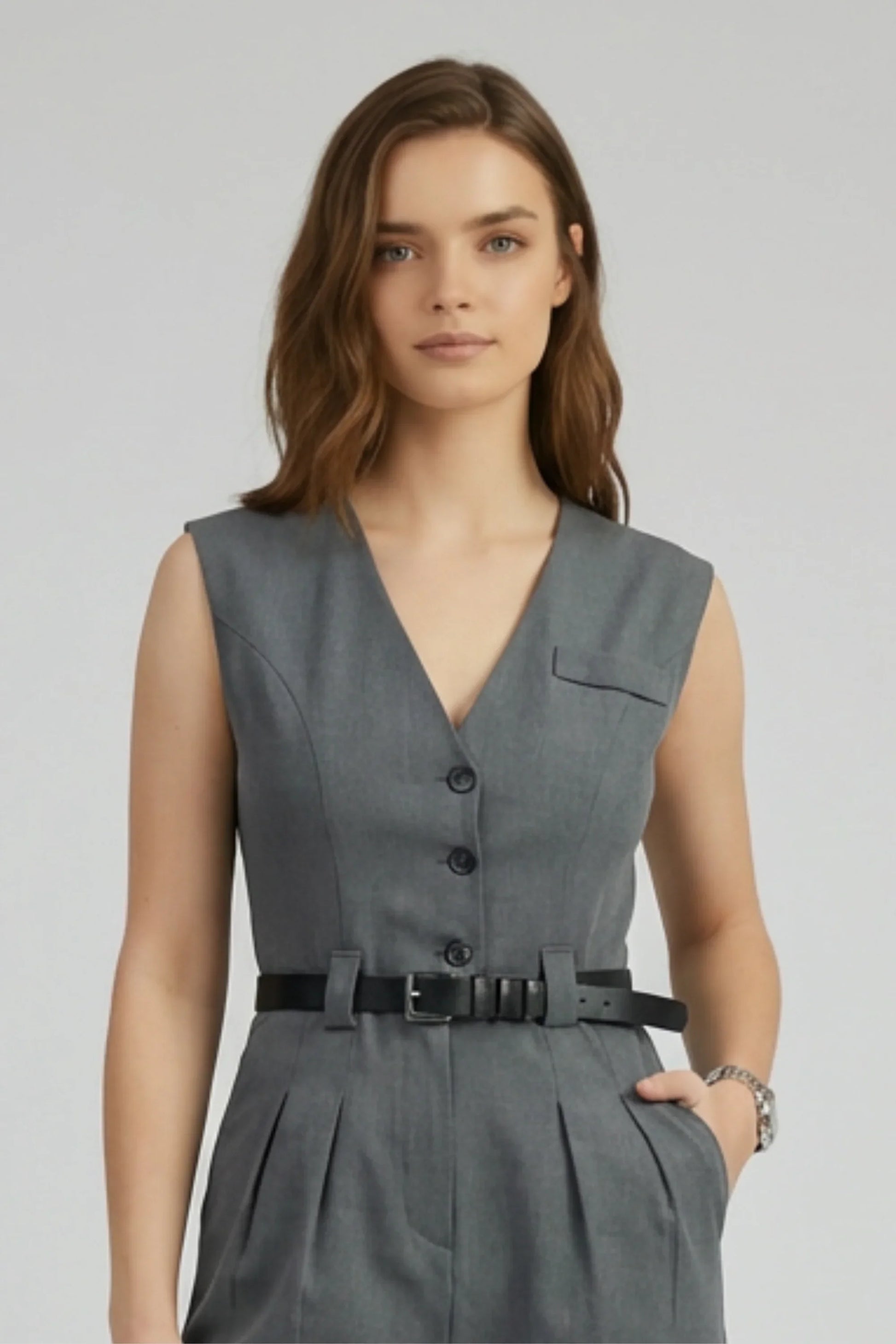 Alzya Grey Wide Leg Sleeveless Jumpsuit � High Waist Belted � DARK GREY